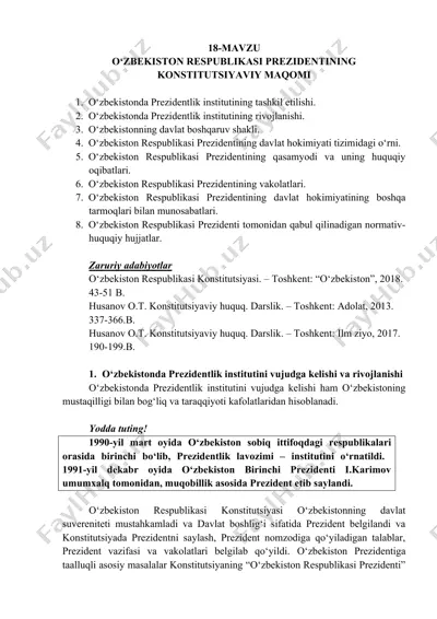 o‘zbekiston respublikasi prezidentining konstitutsiyaviy maqomi — DOCX