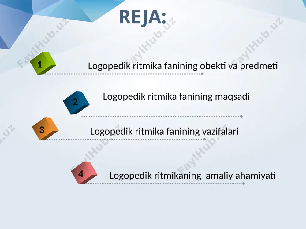 hi harakat malakasi va kо‘nikmasining shakllanishiga, makon tasavvurlari va qobiliyati ixtiyoriy ravishda borliqda boshqa odamlar va predmetlarga nisbatan siljish, epchillik, kuch, chidamlilik, bir harakatdan boshqasiga о‘tish, harakatlarning uyg‘unlashuvi, tashkilotchilik qobiliyatining rivojlanishiga imkon beradi. sog‘lomlashtiruvchi korreksiyalovchi tarbiyaviy vazifalarni hal qilish aynan quyidagilarga kо‘maklashadi ohangni sezish, musiqada, harakatda va nutqda ohang ta’sirchanligini his qilish qobiliyatini rivojlantirish; tarbiyaviy vazifalarni hal qilish orqali musiqiy obrazlar va malakani ushbu obraz bilan mos ravishda ohangli, ta’sirchan harakatlantira olish qobiliyatini rivojlantirish, ya’ni yangicha shakl olishni uddalash, badiiy-ijodiy qobiliyatni kо‘rsata olish; logopedik ritmikaning tamoyillari logopedik ritmika pand-nasihat va о‘ziga xos tamoyillarga quriladi. ular о‘zaro bog‘langan va tarbiya, rivojlanish va nutqida buzilishi umumdidaktik tamoyillar. tushunarlilik va individualizatsiya tamoyili onglilik va faollik tamoyili talabni asta-sekin oshirish tamoyili о‘ziga xos tamoyillar har tomonlama ta’sir tamoyili simptomatikani hisobga olish tamoyili komplekslilik tamoyili logoritmika: https://www.youtube.com/watch?v=j2iilfldlpm https://www.youtube.com/watch?v=ts-d0rw3pxa https://www.youtube.com/watch?v=xy6ijrsp43i&list=plh6gtoob2r0izqjlgcg7qfohahjosjaa_ https://www.youtube.com/watch?v=sgcxgshoixa image2.jpg image3.png image4.jpeg image5.jpeg image6.jpeg image1.jpg /docprops/thumbnail.jpeg