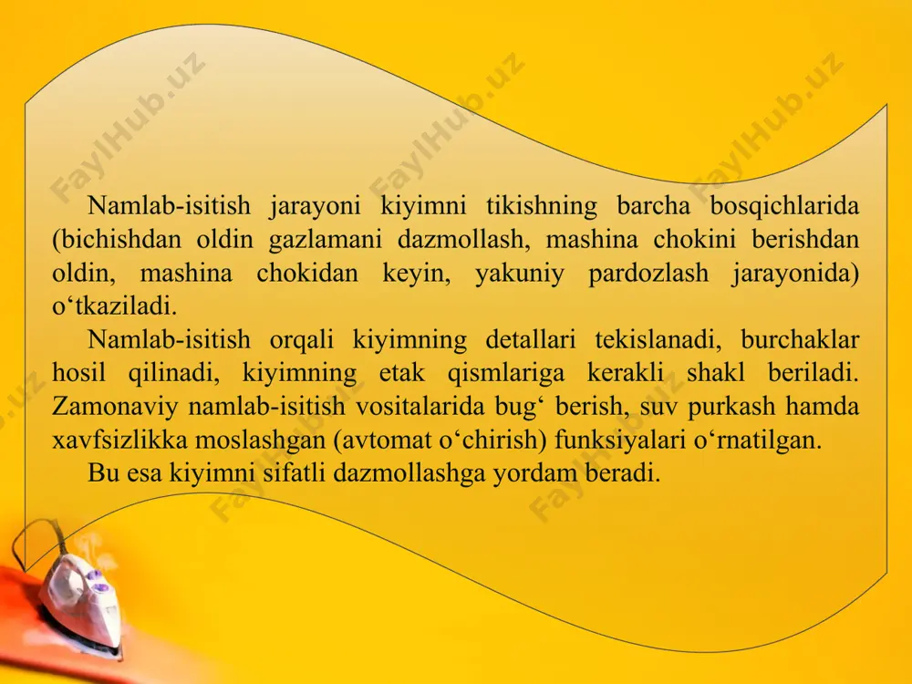 termoregulator)ni kerakli bo‘limga qo‘ying. dazmoldan foydalanayotganda qo‘l quruq bo‘lishi shart. vilkani plastmassasi ustidan ushlang. dazmolni taglikka qo‘ying, simi dazmolning ostida qolib ketmasligiga e’tibor qarating. dazmollash vaqtida oyoqlaringiz tagida rezina gilamcha bo‘lishini ta’minlang. ishlayotgan dazmolni qarovsiz qoldirmang. dazmol shnuri dazmol tagiga tushib qolishidan ehtiyot bo‘ling. dazmollab bo‘lgandan keyin dazmolni taglikka qo‘yib, keyin o‘chiring. dazmollash qoidalari dazmolni yo‘riqnomaga amal qilib qizdiring. dazmolning qizish holatini paxta tolali qiytiq gazlama ustida tekshirib ko‘ring. dazmollashdan oldin kiyimdagi tikuvchilik bo‘ri izlarini o‘chiring. to‘g‘nag‘ichlarni olib tashlang. kiyimni teskari tomonidan doka qo‘ymasdan, o‘ng tomonidan doka qo‘yib dazmollang. kiyimni chap tomondan bo‘ylama ipi bo‘ylab dazmollang. namlab-isitib dazmollangan kiyim qurishi uchun tekis joyga ilib qo‘ying. kiyimning xususiyatiga qarab issiqlik darajasini rostlab boring.