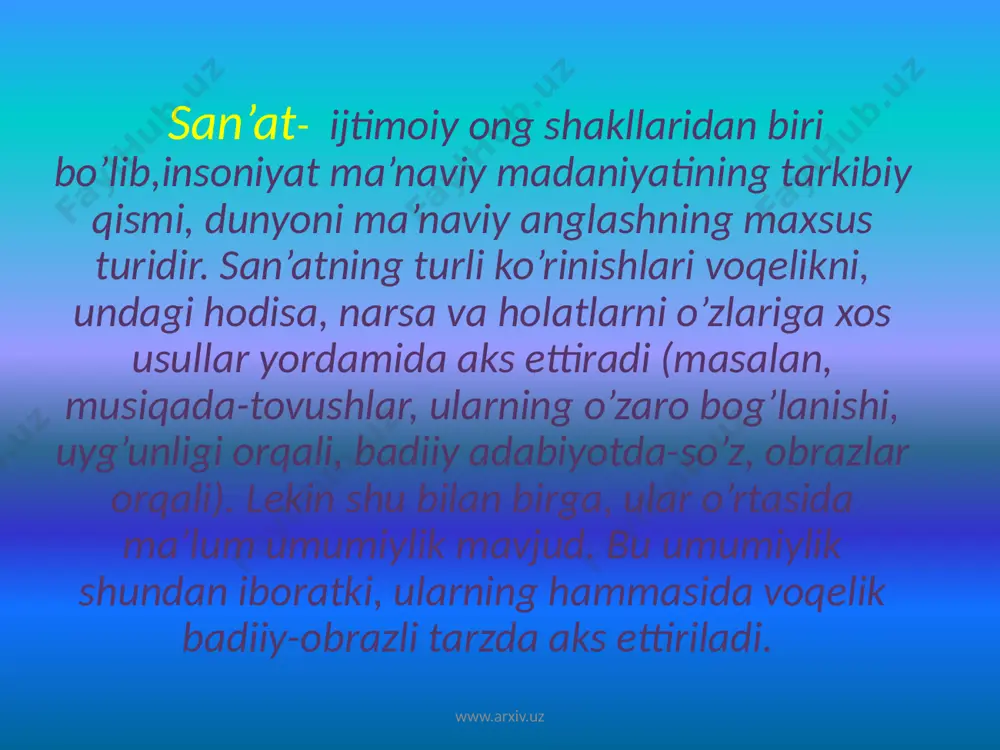 ivopis)-tasviriy san’at turi bo’lib, u bo’yoq yordamida yaratiladi. badiiy asar sifatida insoniyat uchun ta’lim-tarbiya, estetik zavq berish vazifasini o’taydi, ayrim namunalari esa ma’rifiy ma’lumot qimmatiga ega. ijodning bu turi bilan shug’ullanuvchi san’atkor-rassom ranglar vositasida tabiatni, muhitni (uning ma’lum bir qismini, ma’lum bir daqiqadagi holatini) gavdalantirish bilan birga ro’y berayotgan voqea, hodisa mohiyati, kishilarning ichki dunyosini va ma’lum bir g’oyani aks ettiradi. tasviriy san’at rivojiga uyg’onish davrida katta hissa qo’shildi. velaskes, murilbo, pero della francheska, bottichelli, leonardo da vinchi, mikelanjelo, rafael, titsian kabi buyuk rassomlar estetik jihatdan bebaho asarlari bilan tasviriy san’at tarixida unutilmas obrazlar yaratdilar. www.arxiv.uz www.arxiv.uz haykaltaroshlik. haykaltaroshlik - tasviriy san’atning turi bo’lib, tasvirlanadigan narsani hajmli, uch o’lchovli (uzunlik, kenglik, balandlikka ega) qilib aks ettirish tamoiliga asoslangan san’at turi. asosan, inson, qisman hayvon va qushlar, tabiat (manzara), narsalar (natyurmort) ifodalanadi. haykaltaroshlik asarlari, asosan, 2 turga: hamma tomonidan ko’rish imkoni bo’lgani, mukammal shaklli haykalga va bir tomondangina ko’riladigan relyefga bo`linadi. …