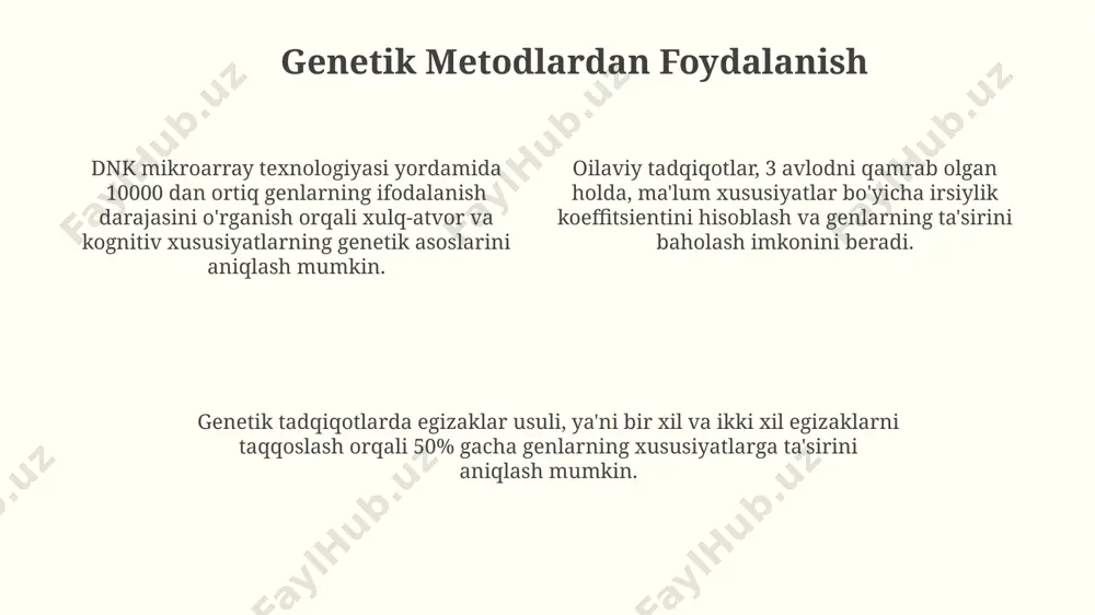 ari (wechsler shkalalari kabi) va psixologik testlar keng qo'llaniladi, natijalar standart ballar va persentillar bilan ifodalanadi. ko'pgina tadqiqotlar shuni ko'rsatadiki, genetika va muhit omillari qobiliyatlarning rivojlanishiga 50/50 nisbatda ta'sir qiladi, bu epigenetika va ijtimoiy-madaniy omillarni hisobga olgan holda o'rganiladi. qobiliyatlarni o'rganishda spearmanning ikki omilli nazariyasi umumiy intellekt (g-faktor) va maxsus qobiliyatlar (s-faktorlar) ga bo'linadi, bu 100 yildan ortiq vaqt davomida tadqiqotlarda qo'llaniladi. shaxsiyat xususiyatlarini o'rganish shaxsiyatni o'rganishda psixometrik usullar, jumladan, 100 dan ortiq savolga javob berishni o'z ichiga olgan psixologik testlar va so'rovnomalar keng qo'llaniladi va natijalar statistik usullar yordamida tahlil qilinadi. shaxsiyat xususiyatlarini o'rganishda 5 omilli shaxsiyat modeli (big five) keng qo'llaniladi, bu model ekstraversiya, xayolparastlik, vijdonlilik, yoqimlilik va neyrotizm kabi 5 ta asosiy o'lchovlarni o'z ichiga oladi. shaxsiyatning genetik va atrof-muhit omillari o'rtasidagi o'zaro ta'sirini o'rganishda egizaklar usuli keng qo'llaniladi, bu usulda bir xil va har xil genotiplarga ega bo'lgan egizaklarning shaxsiyat xususiyatlarini taqqoslash orqali genetikaning hissasi aniqlanadi. …
