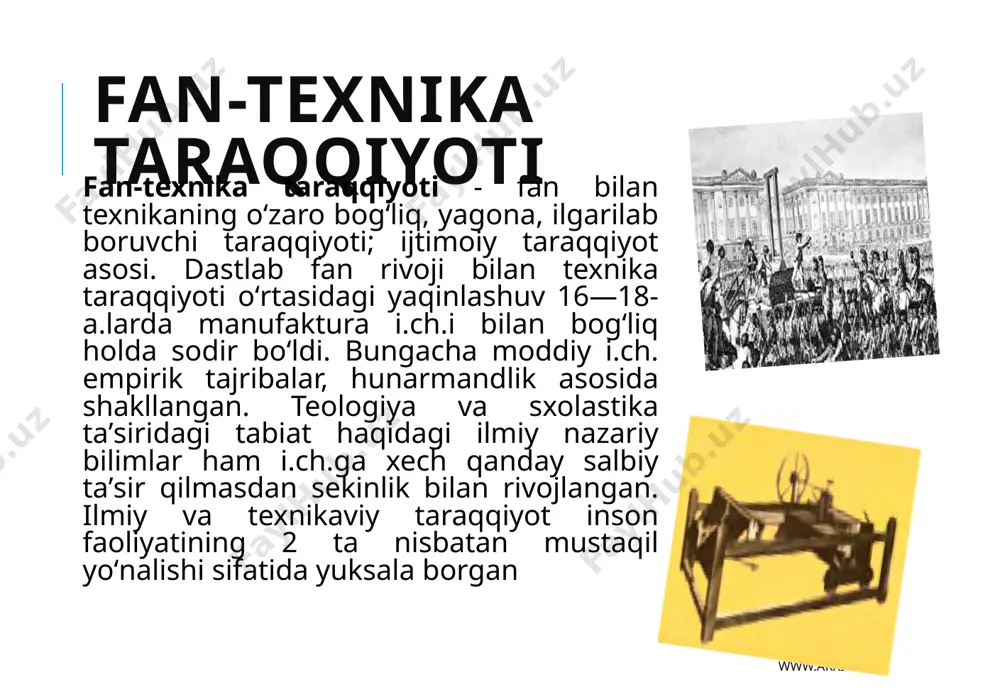 fanlar yoʻnalishlari, iqtisod va i.ch.ni tashkil qilish, iqtisodiy va ijtimoiy jarayonlarni ilmiy boshqarish, aniq ijtimoiy tadqiqotlar kabilarga bilvosita taʼsir qiladi. fanning texnikaga nisbatan yetakchilik mavqei yanada yorqin namoyon boʻladi, fan texnikani uzluksiz inqiloblashtiruvchi kuchga aylanadi. www.arxiv.uz elektr sanoati elektr sanoati — texnikaning yangi muvaffaqiyatlari uchun eng xos narsadir. bu sanoat yuksak darajada taraqqiy qilgan mamlakatlar nihoyatda tez rivojlandi. sanoatning rivojlanishi fabrika, zavod, savdo joylari va idoralarning sun’iy yoritkichlarga bo’lgan talabini yil sayin oshirib bordi. 1876- yilda rus ixtirochisi p.n.yablochkovning (1847-1894) «elektr shami» deb atalgan lampasi — yorug’likning yangi manbayi sifatida vujudga keltirildi. yablochkov «shami» ikki soatcha yonib turardi. xix asrning oxirlarida yoy lampalar o’rniga tejamli va foydalanish birmuncha qulay lampalar — cho’g’lanish lampalari ishlatila boshlandi. amerikalik mashhur texnik ixtirochi t.edison (1847—1931) bir necha yilgi izlanishlardan keyin, 1879- yilda havosi so’rib olingan, ko’mir tolali cho’g’lanish lampasining yangi turini yaratishga muvaffaq bo’ldi. u 1882- yilda nyu-yorkda birinchi issiqlik elektr stansiyasini qurdi. to’rt …