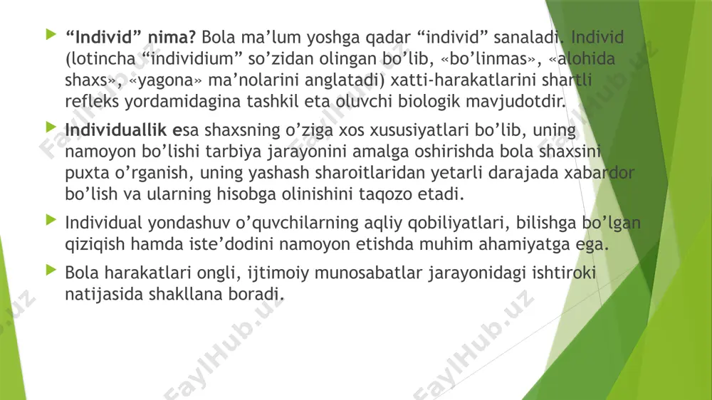 k pedagog va ruhshunos e. torndayk asos soldi. uning fikricha, shaxsning barcha xususiyatlari, jumladan ong va aqliy qobiliyat ham nasldan-naslga o'tadi, guyo odamning ko'zi, tishlari va barmoqlari kabi aqliy qobiliyat ham tabiatan berilgandir. shaxsni kamol toptirishda ta'lim-tarbiya va rivojlanishning o'zaro bog'liqligi. ta'lim-tarbiya yordamida kishining ba'zi tug'ma kamchiliklarni ham kerakli tomonga o'zgartirish, shuningdek, muhitning salbiy ta'siri natijasida yuz bergan kamchiliklarni ham tugatish mumkin (bolalarning karta o'ynashi, qo'pollik, so'kish, papiros chekishlari va h.k.). ta'lim jarayonida bolada bilimlar, ko'nikma va malakalar hosil bo'libgina qolmay, balki ilmiy dunyoqarash ham shakllanadi. xullas, bizning asosiy va eng muhim vazifamiz, bolalarning qobiliyat va iste'dodlarini o'z vaqtida payqab olish va ularning kamol topishlari uchun qulay sharoit, ta'lim-tarbiya berishdir. shaxsning ijtimoiy xulq malakalarini shakllantirish va faoliyatni tashkil qilish metodlari. shaxs ijtimoiy munosabatlar jarayonida shakllanadi. chunki ta’lim jarayonida bolalarga jamiyatda birga yashash bilan bog’liq bo’lgan holat va hodisalar o’rgatiladi. bu jarayonda o’quvchi jamiyatga «kirishadi» va u bilan o’zaro munosabatda bo’ladi. …
