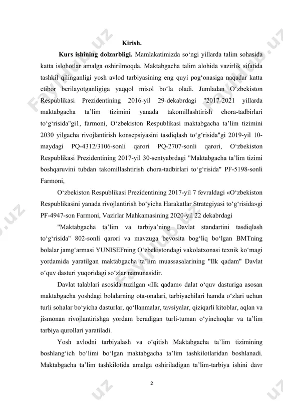 ing davlat standartini tasdiqlash to‘g‘risida" 802-sonli qarori va mavzuga bevosita bog‘liq bo‘lgan bmtning bolalar jamg‘armasi yunisefning o‘zbekistondagi vakolatxonasi texnik ko‘magi yordamida yaratilgan maktabgacha ta’lim muassasalarining "ilk qadam" davlat o‘quv dasturi yuqoridagi so‘zlar namunasidir. davlat talablari asosida tuzilgan «ilk qadam» dalat o‘quv dasturiga asosan maktabgacha yoshdagi bolalarning ota-onalari, tarbiyachilari hamda o‘zlari uchun turli sohalar bo‘yicha dasturlar, qo‘llanmalar, tavsiyalar, qiziqarli kitoblar, aqlan va jismonan rivojlantirishga yordam beradigan turli-tuman o‘yinchoqlar va ta’lim tarbiya qurollari yaratiladi. yosh avlodni tarbiyalash va o‘qitish maktabgacha ta’lim tizimining boshlang‘ich bo‘limi bo‘lgan maktabgacha ta’lim tashkilotlaridan boshlanadi. maktabgacha ta’lim tashkilotida amalga oshiriladigan ta’lim-tarbiya ishini davr talabi darajasida olib borish maqsadida «ilk qadam»davlat o‘quv dasturi tuzilgan. o‘zbekiston respublikasi maktabgacha ta’limi vazirligi bu dasto‘rni respublikamizning o‘ziga xos tomonlarini: iqlimi, jugrofiy, iqtisodiy, madaniy, milliy sharoitlarini hisobga olib, uni qayta ishlab chiqdi. dastur tug‘ilgandan to yetti yoshgacha bo‘lgan bolalar egallashi lozim bo‘lgan bilim va malakalar hajmini o‘z ichiga oladi. u maktabgacha ta’lim yoshidagi bolalarning …