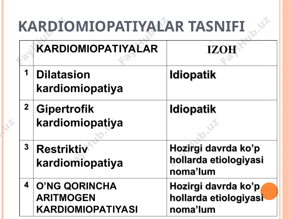 lol). -diuretiklar (furosemid, veroshpiron). -bo’lmachalar fibrillyasiyasida yurak glikozidlari qo’llaniladi (digoksin). - yurak aritmiyasini davolash: beta-blokatorlar, antiaritmiklar (kordaron). -antiagregantlar: ask. -antikoagulyantlar (geparin) -yurak transplantasiyasi. gipertrofik kardiomiopatiya (gk) yurakning birlamchi shikastlanishi bo’lib, bunda yurak devorlari qalinlashadi va asosan yurak diastolik yetishmovchiligi rivojlanadi. gk obstruktiv, ya’ni chq chiquvchi traktining torayashi, va noobstruktiv bo’ladi. gipertrofiya simmetrik yoki assimetrik (ya’ni devorlaridan birining gipertrofiyasi) bo’ladi. gipertrofiya faqat yurak choqqisida kuzatilishi mumkin. agar gipertrofiya qorinchalararo to’siqning yuqori qismida rivojlansa (aortal klapan fibroz uzugi ostida) – subaortal stenoz deb ataladi. gk katta foiz holda yurak aritmiyalari (qorinchalar ekstrasistoliyasi, paroksizmal taхikardiyasi) rivojlanadi. diastolik chq yetishmovchiligi rivojolanishi yurak yetishmovchiligiga olib keladi. 50% holda to’satdan yurak o’limi rivojlanishi mumkin. epidemiologiyasi. 0.2% aholida uchraydi: 70-80% - noobstruktiv gk, 20-30% - obstruktiv gk (idiopatiku gipertrofik subaortal stenoz). erkaklar ko’proq kasallanadi. 100000 odamga 3 ta bemor to’g’ri keladi. etiologiyasi. irsiy kasallik hisoblanadi (yurak oqsillari genlari mutasiyasi). ko’pincha oilaviy rivojlanadi. patogenezi. genlar mutasiyasi tufayli chq …