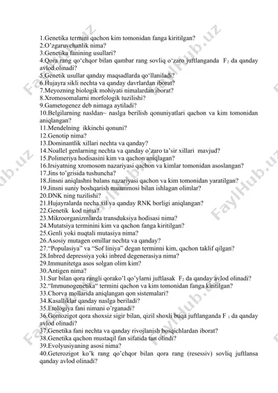 genetika fanidan test savollar to‘plami — DOCX