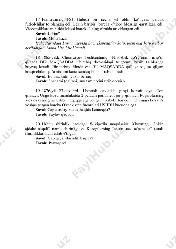 i. unga ko'ra mamlakatda 2 palatali parlament joriy qilinadi. fuqarolarning juda oz qismigina ushbu huquqqa ega bo'lgan. o'zbekiston qonunchiligiga ko'ra 18 yoshga yetgan barcha o'zbekiston fuqarolari ushbu huquqqa ega. savol: gap qanday huquq haqida ketmoqda? javob: saylov ququqi. 20. ushbu shirinlik haqidagi wikipedia maqolasida xitoyning “shirin ajdaho soqoli” nomli shirinligi va koreyslarning “shirin asal to'pchalar” nomli shirinliklari ham eslab o'tilgan. savol: gap qaysi shirinlik haqida? javob: paxtaqand.