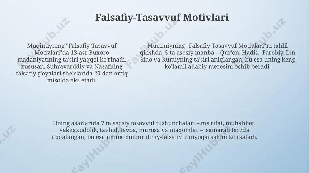 tarjima qilingan bo'lib, jahon adabiyoti muxlislariga yetkazilgan. muqimiyning "layli va majnun" asari 20 dan ortiq tilga, jumladan, rus, ingliz va fransuz tillariga tarjima qilingan bo'lib, jahon adabiyoti muxlislariga yetkazilgan. she'rlaridagi vatan sevgisi uning she'rlarida vatan sevgisi 30 dan ortiq asarida, turli obrazlar va ramzlar orqali – daryolar, tog'lar, qadimiy binolar, xalq hayotining tasvirlari orqali ifodalangan. muqimiyning she'rlarida vatan, xususan samarqand va buxoro shaharlari 19-asr oxiri 20-asr boshlarida yashab ijod qilgan shoir uchun muqaddas maskan sifatida tasvirlangan. muqimiy she'riyatida vatan himoyasi, mustaqillik va erkinlik g'oyalari 2-jahon urushi davriga to'g'ri keluvchi asarlarida kuchli ifodalangan, bu esa uning vatanparvarlik tuyg'ularining chuqurligini ko'rsatadi. muqimiyning masallari muqimiyning "masallari" to'plamiga 100 dan ortiq masal kiradi, ularning ko'pchiligi buxoro va samarqand viloyatlarining 19-asrga oid hayotini aks ettiradi. muqimiyning masallari o'zbek adabiyotida 20-asrning boshlaridan beri o'quvchilar va tadqiqotchilar orasida keng tarqalgan va turli xil nashrlarda 30 dan ortiq marta chop etilgan. masallarda uchraydigan 7 ta asosiy mavzu orasida …