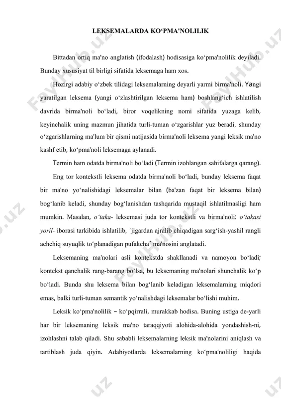 hni talab qiladi. shu sababli leksemalarning leksik ma'nolarini aniqlash va tartiblash juda qiyin. adabiyotlarda leksemalarning ko‘pma'noliligi haqida bildiriladigan fikrlar o‘ta mavhum bo‘lib, leksik ma'no taraqqiyoti haqida umumiy tasavvur hosil etishga xizmat qiladi. leksik ma'noning taraqqiyot yo‘llari leksik ma'no odatda bir predmet, belgi, harakatning nomini boshqa bir predmet, belgi, harakatga ko‘chirish yo‘li bilan rivojlanadi. bunday ko‘chirishning tabiatini, mavqeini har bir tilning o‘zidagi semantik qonuniyatlar belgilaydi. ko‘chirishlar asosan quyidagilar: metafora yo‘li bilan ko‘chirish, funksional ko‘chirish, metonimiya yo‘li bilan ko‘chirish, sinekdoxa yo‘li bilan ko‘chirish. ko‘chirish qorishiq holda (metafora-funksional, metafora-metoni-miya, metonimiya-funksional tarzida) ham uchraydi (misollari quyiroqda). biror predmet, belgi, harakatning nomi boshqasiga o‘zaro tashqi (shakli, rangi kabi jihatlari bilan) o‘xshashligi asosida ko‘chirilsa, metafora yo‘li bilan ko‘chirish deyiladi (yunoncha metaphora - (ko‘chirish(). masalan, yo‘l- leksemasi asli (yurish joyi( ma'nosini anglatadi. shunday o‘xshashlik asosida bu leksema (satr( ((bir chiziq bo‘ylab joylashtirilgan yozuv() ma'nosini ham anglata boshlagan. metafora yo‘li bilan ko‘chirishning asosiy ko‘rinishlari: 1. bir predmetning nomi …