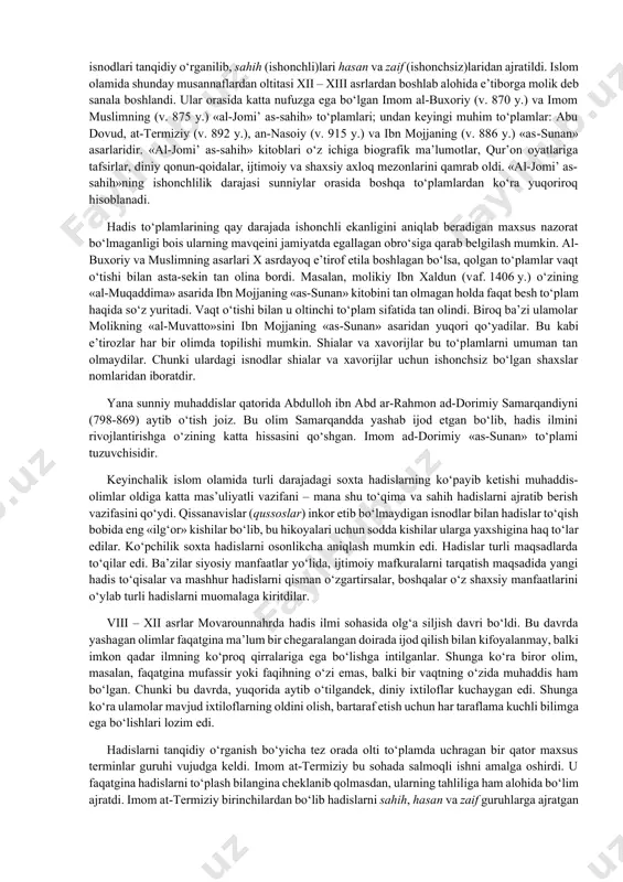 tahririni ko‘chirishga buyruq beradi. bu topshiriqqa binoan zayd ibn sobit barcha qur’on qismlarini yig‘ib, taqqoslab chiqib, qaytadan qur’oni karim matnini jamladi. qur’onning birinchi rasmiy nusxasi 651 yilda xalifa usmonga taqdim etildi. u asl nusxa hisoblanib, undan yana uchta, ba’zi manbalarga ko‘ra yettita nusxa ko‘chirtirilib, arab askarlari turgan yirik shaharlardan – basra, damashq, kufaga jo‘natilgan. «imon» deb nomlangan asl nusxa esa madinada xalifa usmon huzurida qoldi. ko‘chirilgan nusxalar «mus’hafi usmon» deb ataldi. hadis – muhammad payg‘ambarning aytgan so‘zlari, qilgan ishlari, taqrirlari (ko‘rib qaytarmagan ishlari) yoki u kishiga berilgan sifatlarni o‘zida mujassam qilgan xabar va rivoyatlardir. «hadis» so‘zining lug‘aviy ma’nosi – «so‘z, xabar, hikoya; yangi». hadislar islom dini ta’limoti va qonunlari uchun, ba’zi mazhablar nazdida, qur’ondan keyingi ikkinchi manba hisoblanadi. hadislar tarkib jihatidan ikki qismdan: aynan xabar beruvchi matn va uni rivoyat qilgan roviylar zanjiri – isnoddan iborat. hadislar o‘zidagi ma’lumot xarakteriga qarab xilma-xildir: · al-hadis al-qudsiy (bu kabi hadisda ma’no – …