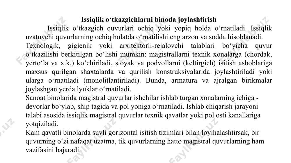 o‘tkazishi) 8 dan 150 mm bo‘ladi. suvli isitish tizimlarida odatda 15, 20, 25 mm diametrli yengil va oddiy quvurlar ishlatiladi. mis quvurlar mis isitish tizimi uchun juda yaxshi material hisoblanadi, bunga uning quyidagi fizik va mexanik xususiyatlari yordam beradi: — yaxshi issiqlik va yelektr o‘tkazuvchanligi (po‘latdan 5 marta katta); — korroziyaga yuqori chidamliligi; — sho‘rlanishga chidamliligi; — harorat o‘zgarishiga chidamliligi; — ultrabinafsha nurlarga chidamliligi; — bakteritsid xususiyatlari; — yuqori yegiluvchanligi. mis isitish tizimi uchun juda yaxshi material hisoblanadi, bunga uning quyidagi fizik va mexanik xususiyatlari yordam beradi: — yaxshi issiqlik va yelektr o‘tkazuvchanligi (po‘latdan 5 marta katta); — korroziyaga yuqori chidamliligi; — sho‘rlanishga chidamliligi; — harorat o‘zgarishiga chidamliligi; — ultrabinafsha nurlarga chidamliligi; — bakteritsid xususiyatlari; — yuqori yegiluvchanligi. mis quvurlarning ichki devorlari – absolyut silliq (po‘lat quvurlarga nisbatan 100 marta silliqroq, plastiklarga nisbatan 4-5 marta), bu mis quvurlarning yuqori o‘tkazish qobiliyatini kafolatlaydi. antikorroziya chidimliligi sababli mis quvurlar xizmat muddati mobaynida …
