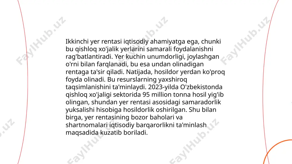 mkin. 2022-yilda o‘zbekiston qishloq xo‘jaligida yer rentasi o‘rtacha 1 gektar uchun 1 million so‘mni tashkil etdi. kengroq resurs va unumdor yerdan foydalanuvchi fermerlar rentani arzimagan xarajatlar evaziga ko‘paytirish imkoniyatiga ega. yerni ijaraga berish ham iqtisodiyotni rag‘batlantiradi, bu esa optimal foydalanishni ta'minlaydi. ... t.me/slaydai_bot 10. shaharlarda yer rentasi shaharlarda yer rentasi shaharning joylashuvi, infratuzilmasi va iqtisodiy rivojlanish darajasiga qarab o'zgaradi. toshkentda, masalan, yer rentasi markaziy hududlarda har bir kvadrat metr uchun o'rtacha 10-20 dollarga yetishi mumkin. boshqa shaharlarda, masalan, samarqand yoki buxoroda, bu qiymat kamroq bo'lishi mumkin, 5-15 dollar atrofida. rentaga ta'sir qiluvchi omillar orasida transport tarmog'i yaqinligi, savdo markazlari mavjudligi, ish o'rinlari, va ijtimoiy xizmatlarning sifati kiradi. ohangaron kabi kichik shaharlarda esa rentalar sezilarli ravishda pastroq bo'lib, har bir kvadrat metr uchun 2-5 dollar oralig'ida bo'lishi mumkin. ... t.me/slaydai_bot 11. yer rentasi va ijara huquqi bo'yicha quyidagicha ma'lumot berish mumkin: ishlab chiqarish maqsadida yerni ijaraga olish uchun tegishli tashkilotga ariza …