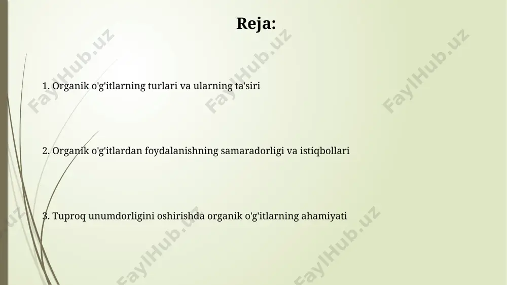radi. o'zbekistonning janubiy hududlarida, masalan, qashqadaryo viloyatida, organik o'g'itlarni tomchilab sug'orish usuli bilan qo'llash tuproqning namlanishini yaxshilaydi va o'simliklarning mineral ozuqalarni yaxshiroq o'zlashtirishiga yordam beradi. organik o'g'itlarning turlari va xossalari go'ng, kompost va biogumus kabi organik o'g'itlar tuproqning unumdorligini 15-20% ga oshirishi, samarqand viloyati sharoitida o'tkazilgan tadqiqotlar bilan tasdiqlangan. buxoro viloyatida o'tkazilgan sinovlarda, yiliga 5-10 tonna organik o'g'it qo'shilgan maydonlarda hosil 20-30% ga oshgani kuzatildi, bu tuproqning suv saqlash qobiliyatini ham yaxshilaydi. tuproq unumdorligining asosiy omillari tuproq unumdorligini oshirishda organik o'g'itlarning 30-40% ga hissasi, ayniqsa, qashqadaryo viloyati singari qurg'oqchil hududlarda suvni ushlab turish qobiliyatini yaxshilaydi. organik moddalar miqdori 5% dan 10% gacha oshganda, tuproqning havo o'tkazuvchanligi 15-20% ga yaxshilanib, ildiz tizimining rivojlanishiga ijobiy ta'sir ko'rsatadi, samarqand viloyatida o'tkazilgan tadqiqotlar buni tasdiqlaydi. organik o'g'itlarning tuproq unumdorligini oshirishdagi ahamiyati organik moddalar tuproq mikroflorasining faolligini 30% ga oshirib, ozuqa moddalarining o'simliklar tomonidan yaxshiroq o'zlashtirilishiga yordam beradi, natijada farg'ona vodiysidagi paxta hosilining sifati va …