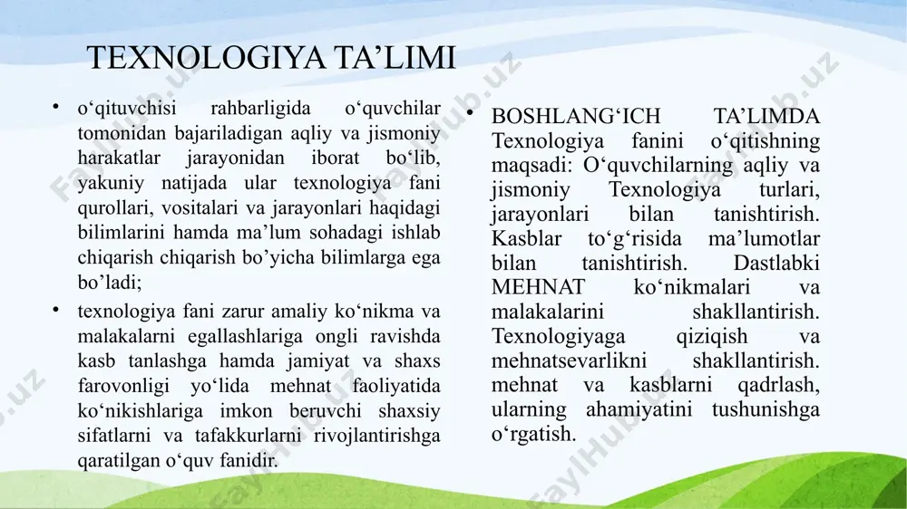 mehnat hamda mehnat mahsuli bo‘lgan moddiy va ma’naviy ne’matlarni qadrlash, asrab-avaylashga o‘rgatish; mehnat qilishga nisbatan rag‘batni, shuningdek, muhabbatni uyg‘otish; o‘quvchilarning mehnatga ijtimoiy burch sifatida yondashuvlarini yuzaga keltirish; mehnat faoliyatini tashkil etishga ongli ravishda, vijdonan yondashishni odatlantirish; mehnat faoliyatini jamoa asosida tashkil etish; mehnatga hayotiy zururat, inson faoliyatining asosi sifatida munosabatda bo‘lish; mehnatni ilmiy asosda tashkil etish borasida mehnat ko‘nikmasi va malakalarini shakllantirishni yuzaga keltirish; o‘quvchilarda mehnatsevarlik xislatini tarbiyalash; o‘z mehnat samarasidan g‘ururlanish tuyg‘usini shakllantirish; muayyan kasb-hunar sirlarini o‘zlashtirishga erishish va hokazolar. boshlang‘ich maktablarda texnologiya ta’limi va tarbiyasining asosiy vazifalari o‘quvchilarni texnologiyaga tayyorlash, o‘qitish va umumta’lim maktablarining boshlang‘ich sinflarida qo‘l texnologiyaiga o‘rgatish, kasblar to‘g‘risida ma’lumotlar berish, davlat ta’lim standartlari talabi bo‘yicha tarbiyalash hamda o‘quvchilarni kasb-hunar egasi bo‘lib yetkazishda nazariy va amaliy bilim berishdan, texnologiya madaniyatini shakllantirishdan tashkil topgan. texnologiya madaniyatining tarkib topishi uchun darslarda doimo bolalarning e’tiborini asbob va materiallarni saqlash qoidasi hamda joylashtirish tartibiga, ish joyini to‘g‘ri jihozlashga, materiallardan tejamkorlik …