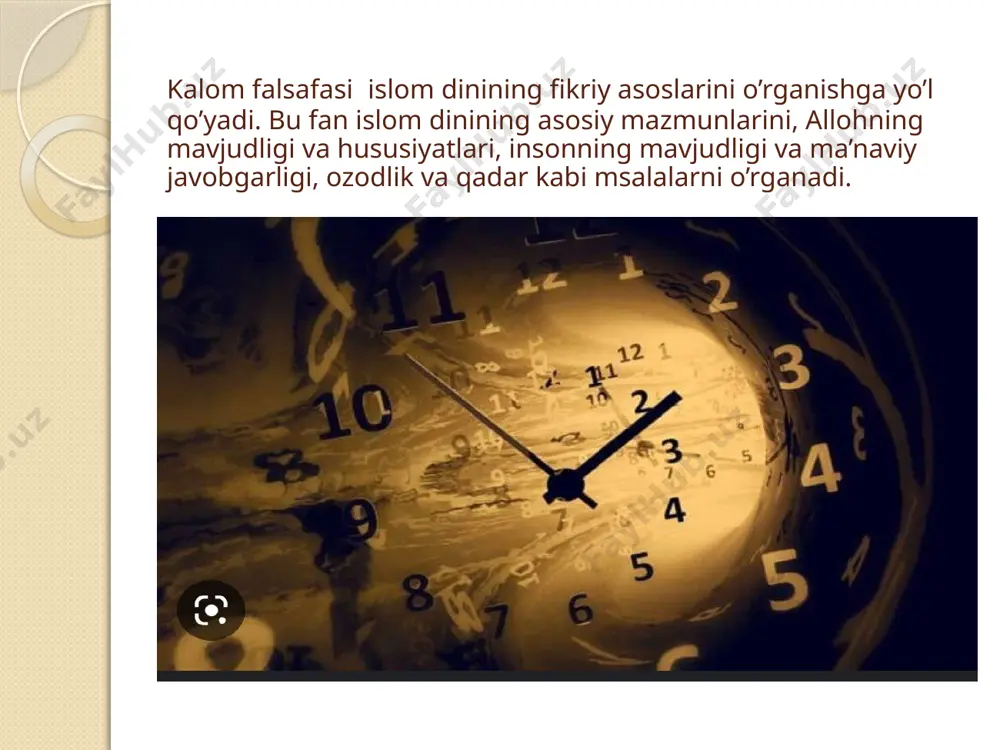 m dinining amaliy asoslarini tushunish va o’rganish uchun muhim. fiqh so’zi atama ifatida qur’on va xadislarda qo’llanilgan. fiqh islom dini vujudga kelib halifalik qaror topishi bilanoq darhol tarkib topgan emas. fiqhning qaror yopishi sollollohu alayhi vassallam xadislari va choriyorlarning aytgan gaplarini yozib olish bilan birga davom etgan. fiqh bilan shug’ullanuvchi va uni o’rganuvchi kishi faqih (qonunshunos) deb aytiladi. hozirgi vaqtda islom mamlakatlarida dunyoviy huquq tizimi amalga kiritilmoqda. kalom falsafasi biz uchun juda muhim hisoblanadi. chunki biz unda islom dini allohning mavjudligi va islom dinining qonun qoidalarini ahloq odoblarini yaxshiroq o’rganishimiz uchun muhim. fiqh musulmon huquqshunosligi shariat qonun qoidalarini va ularni ishlab chiqish va islom ta’limotini o’rgatuvchi soha. foydalanilgan adabiyotlar: _m.ahmedova “falsasafa” toshkent ufmj, 2006. _g.k masharipova “dinshunoslik” toshkent 2019 image2.jpeg image3.jpeg image4.jpeg image5.jpeg image6.jpeg image7.jpeg image8.jpeg image9.jpeg image10.jpeg image11.jpeg