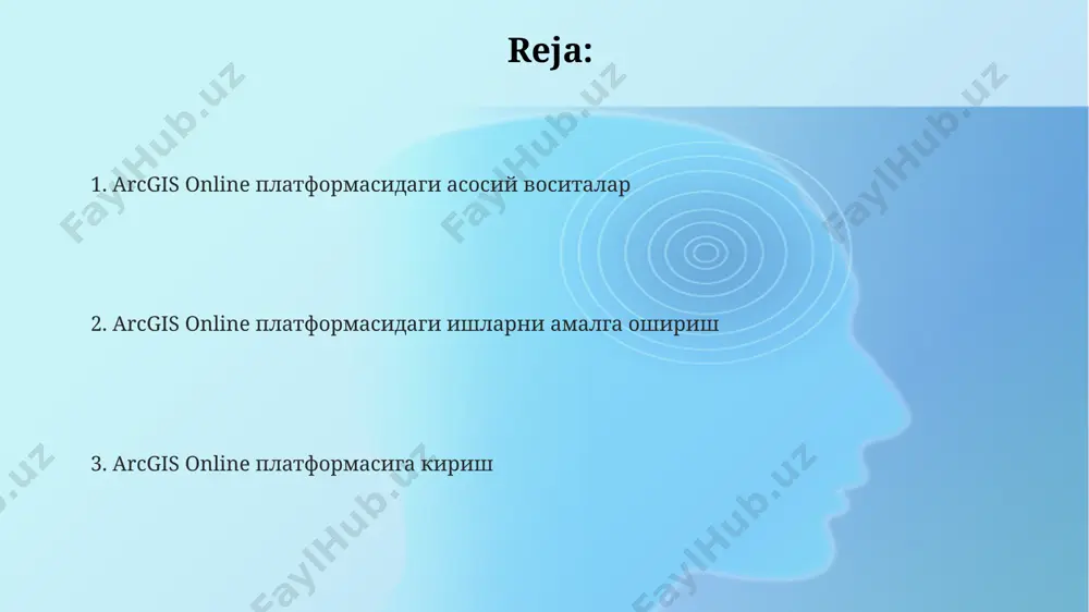 ўлиб, бу маълумотларни жойлаштиришда тезлик ва самарадорликни оширади. arcgis online платформасида 10 гб гача бўлган маълумотларни турли форматларда (shapefile, geodatabase ва ҳ.к.) юклаш ва бошқариш имкониятини беради. платформадаги "feature layer"лар орқали 500,000 дан ортиқ объектларни сақлаш ва улар билан spatial query каби кучли гео-маълумотларни таҳлил қилиш воситаларидан фойдаланиш мумкин. сценарийлар ва таҳлиллар таҳлил воситалари орқали 3d моделлаштириш, буфер яратиш, фазовий таҳлил каби 5 тадан ортиқ турли хил геопространствовий операцияларни бажариш мумкин. arcgis online платформасида 100 дан ортиқ геопространствовий маълумотлар тўпламларидан фойдаланган ҳолда, ҳудудий таҳлилларни амалга ошириш имкониятини берадиган 20 дан ортиқ тайёр сценарийлар мавжуд. сценарийлар орқали ер юзасининг 50% дан ортиқ қисмини қамраб олган 10000 дан ортиқ нуқталарни ўз ичига олувчи маълумотларни визуаллаштириш ва таҳлил қилиш имкониятини беради. e'tiboringiz uchun rahmat @taqdimot_robot image1.png