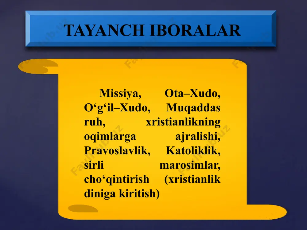 os”) shakliga ega. bu dinning “xristianlik” yoki “masihiylik” deb atalishi ham shu so’zlar bilan bog’liq. bundan tashqari xristianlik iso masihning tug’ilgan qishlog’i “nazaret” bilan bog’lab, nazroniya deb ham atalgan. keyinchalik bu nom nasroniya, nasroniylik shaklini olgan. iso masih o’z ta’limotini o’zining 12 o’quvchisi apostollar – havoriylarga o’rgatdi. ular esa isoning vafotidan keyin ustozlarining talimotlarini har birlari alohida-alohida tarzda kitob shakliga keltirdilar. bu kitoblar bibliyaning “yangi ahd” qismini tashkil etadi. 10 2.xristianlikning talimoti manbalar habar bericha, xristianlik yaxudiy muhitida yuzaga kelgan. bu esa xristianlikning yaxudiylikdan ko’p jihatdan ta’sirlanishiga sabab bo’ldi. xristianlikning asosiy g’oyasi – isoning odamzodning xaloskori “messiya” ekanligi yaxudiylikda mavjud bo’lib, oxiratga yaqin kelishi kutilayotgan xaloskor haqidagi ta’limotdan kelib chiqqandir. tavrot. musoga tegishli bo`lgan, besh kitob “tavrot” deb ataladi va u quyidagi kitoblarga bo’linadi: 1) ”borliq” yoki “ibtido”; 2) ”chiqish”; 3) “levit”; 4) “sonlar”; 5) “ikkinchi qonun”. injil. injil – xushxabar ma’nosini anglatadi. yangi ahd tarkibiga kirgan injil 4 ga …