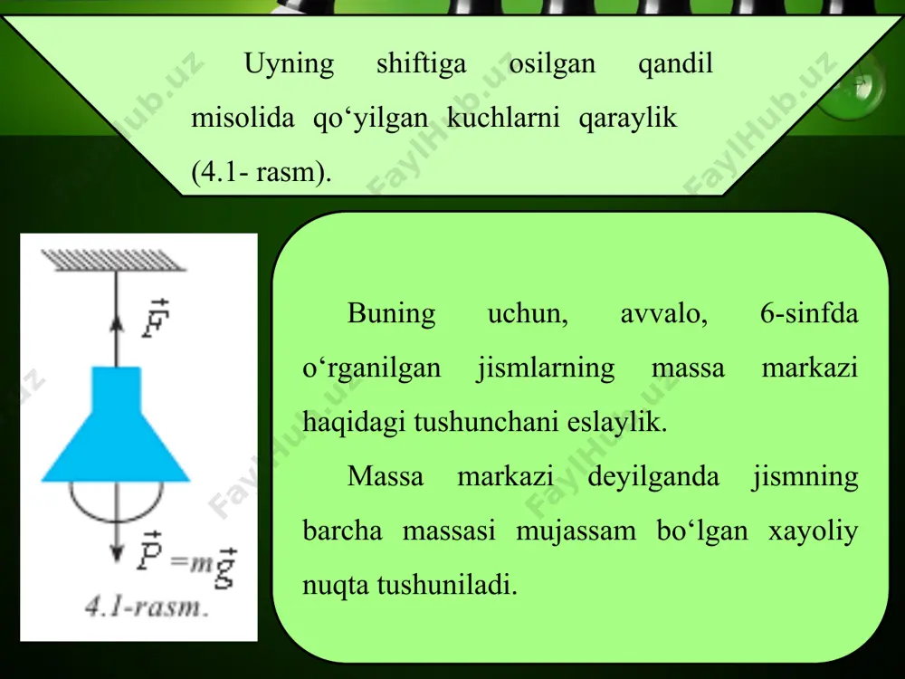 ladi. bunday turtkilardan jismlarni to‘la xoli qilishning imkoni yo‘q. muhimi shunday turtkilardan so‘ng jism muvozanatda qoladimi yoki muvozanat buziladimi shuni bilish kerak. buning uchun tashqi turtki vositasida muvozanat vaziyatidan chetlashgan jismga ta’sir etuvchi natijaviy kuch yo‘nalishini aniqlash kerak. hosil bo‘ladigan natijaviy kuch yo‘nalishiga ko‘ra muvozanat uch turda bo‘ladi. 1. turg‘un muvozanat. jismni muvozanat holatidan chetga chiqarilganda, uni dastlabki vaziyatiga qaytaruvchi kuch hosil bo‘ladigan muvozanatga turg‘un muvozanat deyiladi (4.4-a rasm). bunda yarim sfera ichiga qo‘yilgan sharcha muvozanat vaziyatidan chetlashtirilganda, unga ta’sir etayotgan kuchlarning teng ta’sir etuvchisi uni yana muvozanat holatiga qaytaradi. 2. turg‘unmas muvozanat. jismni muvozanat holatidan chetga chiqarilganda, uni dastlabki vaziyatidan uzoqlashtiruvchi kuch hosil bo‘ladigan muvozanatga turg‘unmas muvozanat deyiladi (4.4-b rasm). bunda yarim sfera ustiga qo‘yilgan sharcha muvozanat vaziyatidan chetlashtirilganda, unga ta’sir etayotgan kuchlarning teng ta’sir etuvchisi uni muvozanat holatidan yanada chetlashtiradi. 3. farqsiz muvozanat. jismni muvozanat holatidan chetga chiqarilganda, uning holatini o‘zgartiradigan hech qanday kuch hosil bo‘lmasa farqsiz muvozanat …