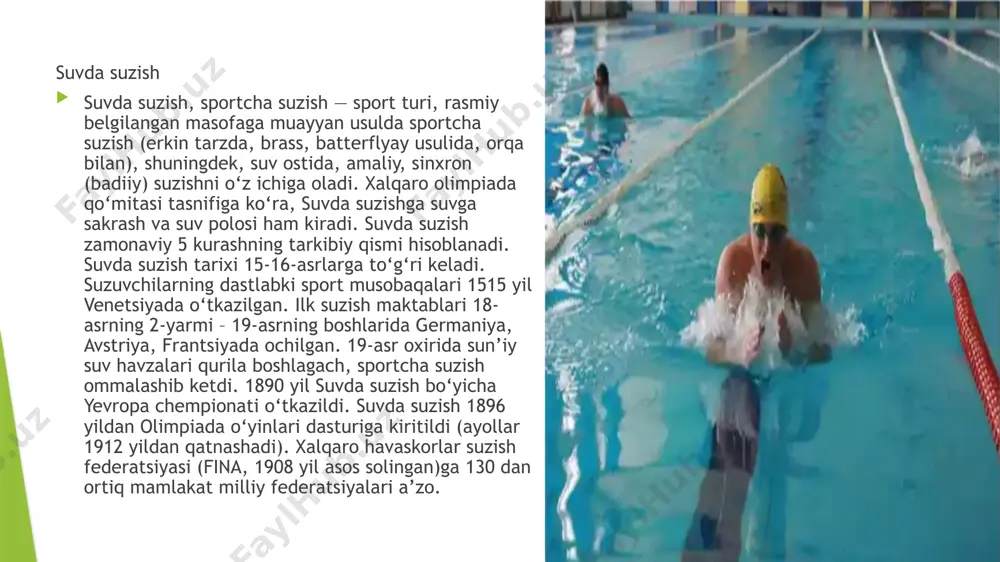 zasi qurilib, suzish bo‘yicha 1-bolalar-o‘smirlar sport maktabi tashkil etildi. 1939 yil o‘zbekistonda suvda suzish bo‘yicha respublika federatsiyasi tuzildi. o‘tgan asrning 60-yillarida toshkentda (jismoniy tarbiya instituti qoshida, “mehnat rezervlari” sport jamiyati huzurida, armiya sport klubiga qarashli), navoiy shahrida, boshqa viloyatlarda suvi istiladigan yopiq va ochiq suv havzalari qurilib foydalanishga topshirildi. respublikada qobiliyatli yosh sportchi suzuvchilar yetishib chiqa boshladi. olimpiada o‘yinlari, xalqaro musobaqalarda muvaffaqiyatli ishtirok etgan s.babanina, n.ustinova, s.iskandarova, s.konov, s.zabolotnovlar sportning ana shu turida shuhrat qozondilar. hozir respublikamizning viloyat va tuman markazlarida 200 dan ortiq suv havzalari mavjud. suzish-odamning suvda o’z qo’li va oyoqlari harakati ko’magida siljishidir. suzish sporti o’zining yo’nalish va maqsadlariga ko’ra sportcha, amaliy, sinxron (badiiy), ko’ngil ochish o’yinlari, suv to’pi, suvga sakrash kabi turlarga bo’linadi. bu turlar o’z navbatida o’z usul va uslublariga ega. jumladan sportcha suzishni olib ko’raylik. sportcha suzish musobaqalashadigan masofani maxsus moslamalarsiz, musobaqa qoidasi bilan cheklangan harakat texnikasidan foydalanib suzib o’tish demakdir. har bir usulda …