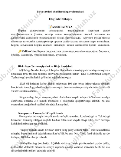 birja savdosi shakllarining evolyutsiyasi — DOCX