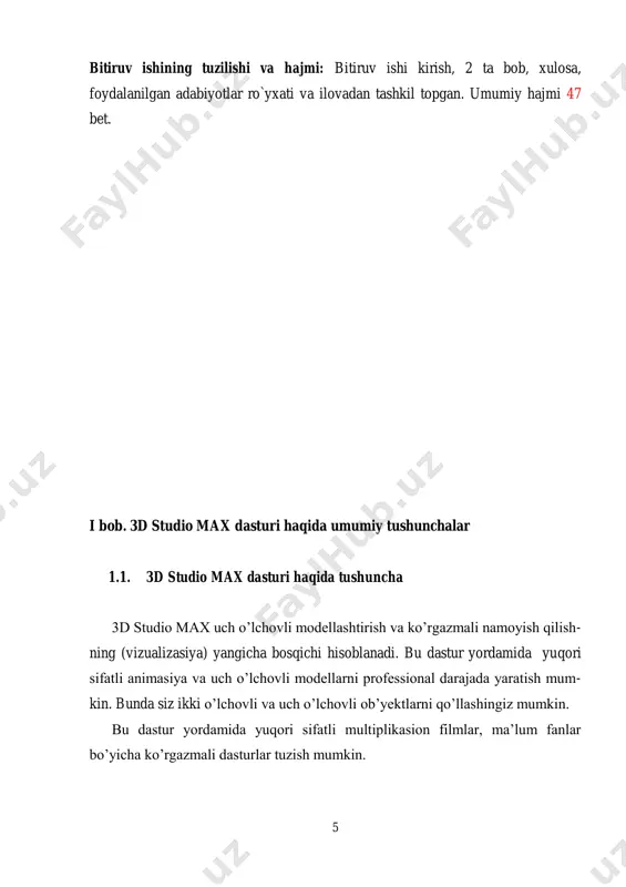machasi jamlanmasi yordamida animasiyani amalga oshirish jarayonini boshqarish vositasi. dastur ekranini shartli tarzdi beshta asosiy elementlarga ajratish mumkin: 7 main menu (bosh menyu). dastur ekranining yuqori qismda joylashgan va bu menyu 3 ds max dasturiga asosiy buyruqlar bilan murojaat qilishni ta’minlay- di. barcha buyruqlar menyusi toifalar bo’yicha birlashtirilgan. dastur ishga tushi- rilganidan so’ng 3ds max grafik redaktorning ishchi oynasi ochiladi. bosh menu quyidagi meny bandlaridan iboratdir file (файл), edit (правка)-tahrirlash, tools (сервиc), group,views, great (создать)-yaratish, modifiers, animation, grafeditor, rendering (визуализация)-vizuallash, customize, maxscript, help(помощь)-yordam.  main toolbar (qurilmalar bosh paneli).odatda u bosh menyu ostida joyla- shadi, ammo “suzuvchi” panel ko’rinishida aks ettirilishi yoki ekranning boshqa joyida joylashishi ham mumkin. toifalar bo’yicha ajratilgan, to’plam bilan bir- ga qurilmalar tarkibida joylashgan yoki yakka bo’lishi mumkin. dastur amallari va qo’llanuvchi buyruqlar tezkor murojaatlar tugmachasidan tashkil topadi.  viewports (proyeksiya ekrani) ekranning markazida joylashgan va uning katta qismini egallaydi. to’rtta ajratilgan ko’rinishda devor proyeksiyasi - …