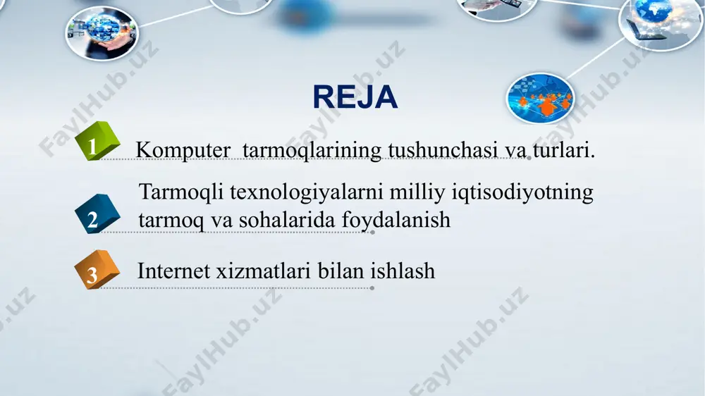 ida tarmoq dastur mahsulotlaridan keng foydalanilmoqda. kompyuter tarmoqlarining tushunchasi va turlari kompyuterlar orasida maʼlumot almashish va umumiy masalalarni birgalikda yechish uchun kompyuterlarni bir-biri-bilan bog‘lash ehtiyoji paydo bo‘ladi. kompyuterlarni bir-biri bilan bog‘lashda ikki xil usuldan foydalaniladi: kabel yordamida bog‘lash. bunda kompyuterlar bir-biri bilan koaksial, o‘ralgan juftlik kabeli (utp) yoki shisha tolali kabellar orqali maxsus tarmoq plata yordamida bog‘lanadi. simsiz bog‘lanish. bunda kompyuterlar bir-biri bilan simsiz aloqa vositalari yordamida, yaʼni radio to‘lqinlar, infraqizil nurlar, wifi va bluetooth texnologiyalari yordamida bog‘lanadi. kompyuterlarni bir-biri bilan bog‘lash kompyuter tarmoqlarining tushunchasi va turlari tarmoq tushunchasi va uning ahamiyati tarmoq - kompyuterlar, terminallar va boshqa qurilmalarning maʼlumot almashishni taʼminlaydigan aloqa kanallari bilan o‘zaro bog‘langan majmui. kompyuterlararo maʼlumotlarni almashishni taʼminlab beruvchi bunday tarmoqlar kompyuter tarmoqlari deb ataladi. tarmoq axborotlarni uzatish, alohida foydalanilayotgan kompyuterlarni birgalikda ishlashini tashkil qilish, bitta masalani bir nechta kompyuter yordamida yechish imkoniyatlarini beradi. kompyuter tarmoqlarining tushunchasi va turlari tarmoq har doim bir nechta kompyuterlarni birlashtiradi …