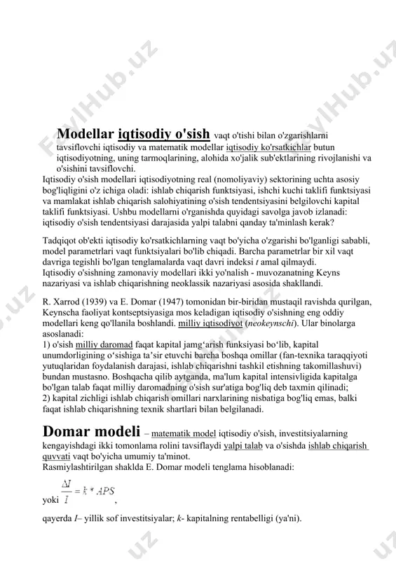 va tadbirkorlar allaqachon kapitaldan nisbatan kamroq foydalaniladigan resurslar kombinatsiyasini tanlamoqdalar, bu esa muvozanatni tiklaydi. ishlab chiqarish funktsiyasiga muvofiq mehnat va kapitalning o'ziga xos kombinatsiyasi umumiy daromad darajasini belgilaydi va bu, o'z navbatida, jamg'armalar miqdorini belgilaydi. muvozanatda jamg'armalar kapital o'sishi bilan bir xil bo'lgan investitsiyalar bilan teng bo'lganligi sababli, iqtisodiyot yangi holatga o'tadi. shunday qilib, iqtisodiy o'sishning yangi tsikli tabiiy o'sishdan turtki oladi mehnat resurslari. bu klassik model faqat muvozanatli iqtisodiy o'sish imkoniyati mavjud emasligini ta'kidlaydi - iqtisodiyotning rivojlanishi sharoitida. to'liq stavka va yalpi talabning yalpi taklifga tengligi - lekin bu holat barqaror. muvozanat holatidan chetga chiqishda muvozanatni tiklashga qodir bo'lgan ishlab chiqarish omillarining o'zaro almashinish mexanizmi ishga tushadi. iqtisodiy o'sishning barcha modellari uni samarali prognozlash imkonini beradi, bu esa iqtisodiyotni tartibga solishning davlat siyosatini yanada maqsadli amalga oshirish imkonini beradi. “iqtisodiy o'sish nihoyatda murakkab hodisa ekanligi aniq. iqtisodiy o'sishning qoniqarli nazariyasi hisobga olish kerak tabiiy resurslar, siyosiy institutlar, qonunlar va …