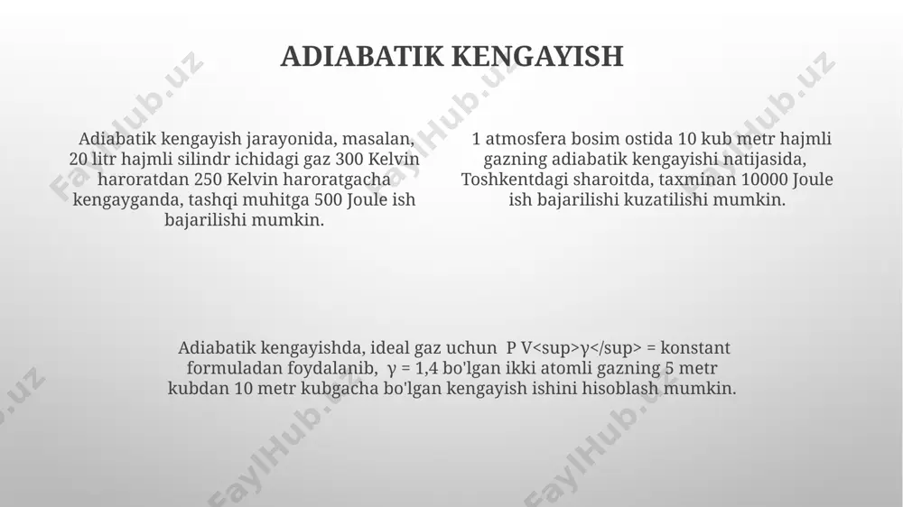 qartiradi va xavfsizlikka tahdid soladi. adiabatik jarayonlarni amalda qo‘llashda, masalan, 200 litr hajmdagi silindrda 30°c haroratdagi gaz uchun, issiqlik almashinuvi juda tez sodir bo‘lishi kerak, aks holda jarayon izotermik xususiyatga ega bo‘ladi va hisob-kitoblar noto‘g‘ri bo‘ladi. adiabatik jarayonda temperatura va bosim o'rtasidagi bog'liqlik adiabatik jarayonda ideal gaz uchun temperatura t va bosim p o'rtasidagi bog'liqlik pv γ = const formula bilan ifodalanadi, bu yerda γ – adiabatik koeffitsiyent bo'lib, 1,4 ga yaqin qiymatga ega (masalan, havo uchun). adiabatik jarayon davomida temperatura o'zgarishi bosim o'zgarishi bilan bog'liq bo'lib, masalan, 2 bar dan 4 bargacha bosim oshishi natijasida temperatura taxminan 20-30°c ga ko'tarilishi mumkin (aniq qiymat gazning xossalariga va jarayon sharoitlariga bog'liq). 1 atmosferali bosimda va 25°c temperaturada joylashgan 10 litr hajmli silindr ichidagi gaz adiabatik ravishda siqilganda, temperatura va bosimning o'sishi gazning xossalariga va siqilish darajasiga bog'liq bo'ladi. toshkentdagi tajriba natijalari shuni ko'rsatadiki. ideal gaz uchun adiabatik jarayon tenglamasi adiabatik kengayish …