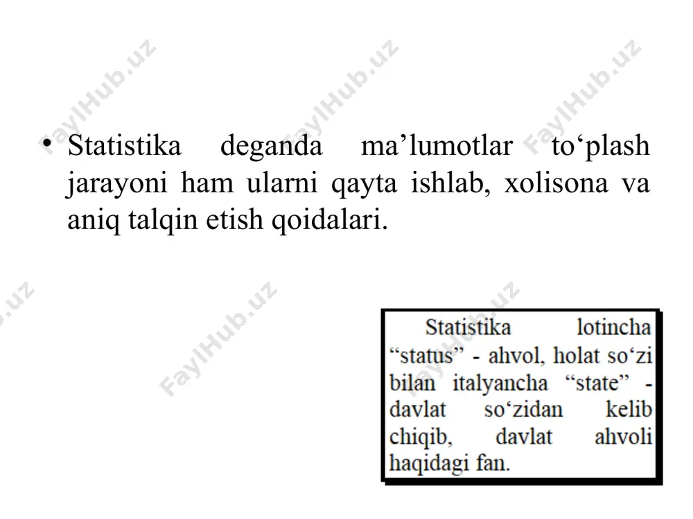 bo‘lishi bilanoq, ya’ni o‘sha damning o‘zida qayd qilinadi. masalan, tug‘ilish, o‘lish, nikohdan o‘tish va ajralishlarni fuqarolik holatini qayd qilish organlarida va qishloq yig‘inlarida qayd qilish, yaratilgan mahsulotlarni boshlang‘ich hujjatlarda hisobga olish, ishchi va xodimlarning ishga chiqishini tabel hisobida qayd qilish va h.k. fursatli davriy kuzatish deganda voqea sodir bo‘lgandan so‘ng ma’lum vaqt o‘tganda uni qayd qilish va kuzatishlarni teng vaqt oralig‘ida takrorlab turish tushuniladi. masalan, har o‘n yilda aholi ro‘yxatini o‘tkazish, talabalar o‘zlashtirish darajasini har yarim yilda reyting ballari orqali baholash. bir yo‘la kuzatish deganda qandaydir masalani yechish zaruriyati tug‘ilganda turli muddat oralig‘ida qaytarib turiladigan kuzatish nazarda tutiladi. bunga misol qilib uy-joy fondi ro‘yxati, ko‘p yillik mevali daraxtlar ro‘yxati, tabiiy ofat natijasida ko‘rilgan zararlarni baholash ishlarini ko‘rsatish mumkin. davlat statistika qo‘mitasi zimmasiga quyidagi asosiy vazifalar yuklangan: -xalqaro statistika andozalari va qoidalariga mos ilmiy asoslangan statistika uslubiyati va ko‘rsatkichlar -mamlakat ijtimoiy-iqtisodiy ahvolini ifodalovchi statistik axborotlarni yig‘ish, tayyorlash, saqlash va tahlil qilish; …