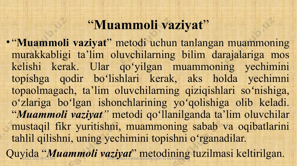 21:49 informatikani o'qitish texnologiyalari va loyihalashtirish 8 hozirgi kunda esa, kasbiy kompetentlikni rivojlantirish nuqtai nazaridan mazkur metod tarafdorlari koʻpayib bormoqda. xx asrning 50 yillaridan boshlab biznes-keyslar gʻarbiy yevropa mamlakatlarida ommalashdi. yevropaning yetakchi biznes maktablari keys-stadi metodi asosida dars beribgina qolmay, keyslarni yaratishda ham faol ishtirok eta boshlaydilar. 05.05.2022 21:49 informatikani o'qitish texnologiyalari va loyihalashtirish 9 05.05.2022 22:16 informatikani o'qitish texnologiyalari va loyihalashtirish 10 e’tiborlaringiz uchun rahmat! image1.jpeg /docprops/thumbnail.jpeg