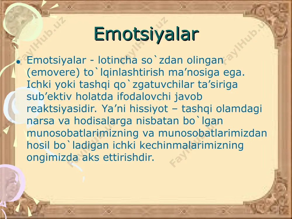 blanadi. ma’lum qo`zg`alishlar odam uchun xotirjamlik yoki notinchlik haqidagi fikrlarga aylanadi. signal funktsiyasi ifodalangan xatti-harakat (mimika va pantomimika) signal funktsiyasini bajaradi. ular odamning kechinmalarini boyitadi, yorqinlashtiradi va boshqa odamlarning idrok kelishini engillashtiradi. boshqaruvchanlik funktsiyasi hissiyot olamda sodir bo`layotgan narsalardan shaxs sifatidagi odam uchun ahamiyatli bo`lganlari haqida darak beruvchi signallar sistemasi hisoblanadi. ma’lum qo`zg`alishlar odam uchun xotirjamlik haqidagi signalga aylanadi. hissiyotlarning boshqaruvchanlik funktsiyasi shunda namoyon bo`ladiki, barqaror kechinmalar bizning xulqimizni yo`naltiradi va qarama-qarshiliklarni engishga undaydi. hissiyotlar hissiyotlar o`zining yuzaga kelishi nuqtai nazaridan odamning ehtiyojlari, qiziqishlari va intilishlari bilan bog`liq bo`ladi. hissiyotlar psixik faoliyatda uchta muhim vazifani: darak beruvchilik (signallik), baholash va boshqaruvchilik vazifalarini bajaradi. emotsiyalar inson va hayvonlarning ular uchun ahamiyatli bo`lgan hodisalarga munosabatini aks ettiradi. darak beruvchilik vazifasi hissiyotning darak beruvchilik vazifasi-sub`ektning tashqi qo`zg`atuvchilarning yoqimli yoki yoqimsiz ekanligini bildirib vokealar rivoji davomida o`z hatti-harakatini qanday davom ettirish kerakligini aks ettiradi. emotsiyalar – motiv sifatida emotsiyalarda shaxsning alohida voqea va hodisalarga …
