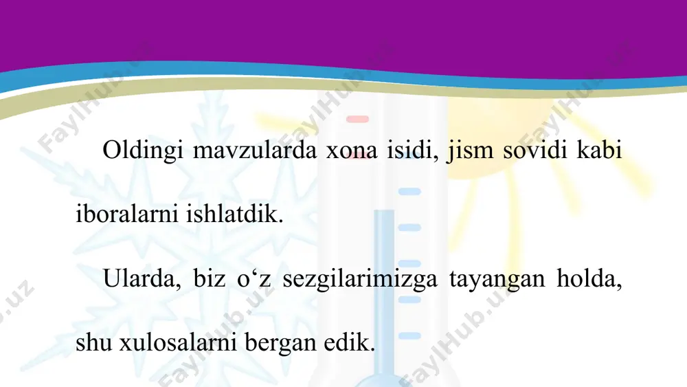. xonadagi yoki idishdagi suyuqlik temperaturasini o‘lchash uchun termometrni o‘lchana yotgan muhitda biror muddat ushlab turish kerak. shunda termometrdagi suyuqlik temperaturasi muhit temperaturasiga tenglashadi. idishdagi suvning temperaturasini termometrni suvdan chiqarmasdan ko‘rish kerak. aks holda, termometr suvdan olinishi bilanoq uning ko‘rsatishi o‘zgarib ketadi. bemorning temperaturasini o‘lchaydigan tibbiyot termo metri bunday kamchilikdan xoli. shifokor termometrni bemordan olib, bemalol ko‘rishi mumkin. chunki undagi simob ustuni pastga tushib ketmaydi. bunga erishish uchun termometr naychasining quyi qismi ingichka qilib yasaladi. bunda isigan simob ustuni bemalol ko‘tarilsada, soviganda ingichkalashgan joyda simob ustunchasi uzilib qoladi. termometr ko‘rsatishi aniqlab olingandan so‘ng, uni silkitiladi. shunda yuqori qismida qolgan simob bo‘lagi pastga tushib qo‘shiladi. tibbiyot termometrining o‘lchash chegarasi 35°c dan 42°c gacha bo‘ladi. sog‘lom odamning temperaturasi ~36,6°c bo‘ladi. tana temperaturasining bun dan chetlashishi kasallikdan darak beradi. uy hayvonlari – qo‘y, sigir, ot, quyonlarning temperaturasi 38–40°c, qushlarniki 41–42°c atrofida bo‘ladi. modda temperaturasining quyi yoki yuqori chegarasi bormi? yerda tabiiy sharoitda antarktikada …