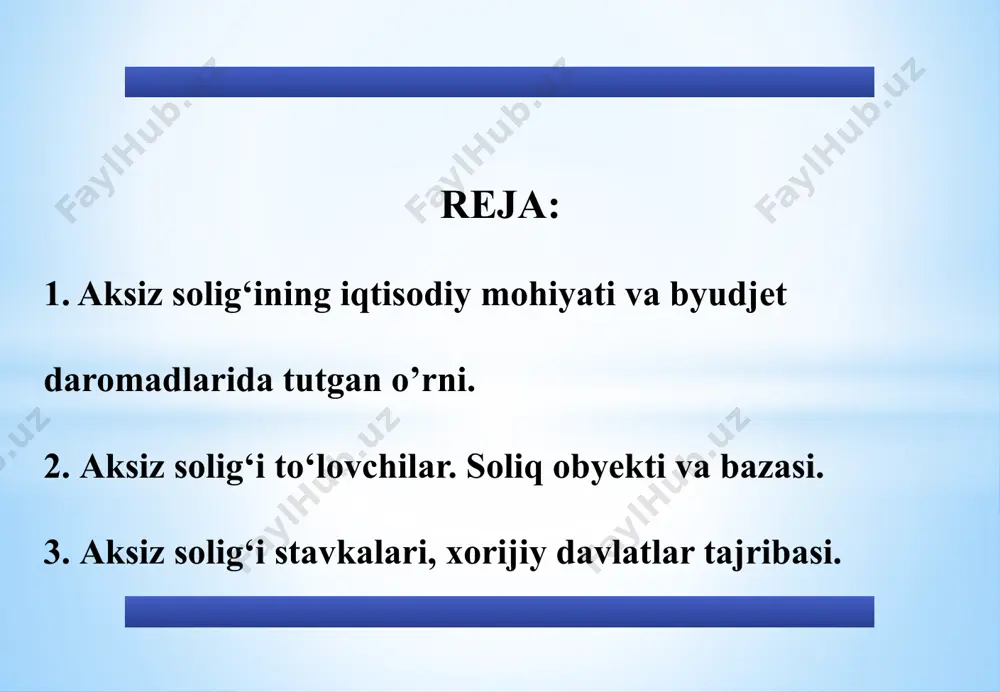 madlari tarkibidagi ulushi­ning pasayish tendensiyaga ega ekanligi shu bilan izohlanadiki, o‘zbekiston respublikasi vazirlar mahkamasining 2002-yil 13 noyabrdagi 390-son «bozorni iste’mol tovarlari bilan to‘ldirishni rag‘batlantirish hamda ishlab chiqaruvchilar va savdo tashkilotlarini o‘zaro munosabatlarini takomillashtirish chora-tadbirlari to‘g‘risida»gi qaroriga asosan «o‘zdeuavto» yoaji (hozirgi «jeneral motors o‘zbekiston» yoaji) ishlab chiqarayotgan avtomobillari (lasetti, neksiya, damas, matiz), billurdan qilingan mahsulotlar, mebel, video va audioapparatura hamda kumushdan yasalgan pichoq va sanchqilarga hisoblangan aksiz soliqlari ishlab chiqarishni rivojlantirish, iste’mol tovarlarining assortimentini ko‘paytirish va raqobatbardosh tovarlar ishlab chiqarish uchun korxonalarning o‘z ixtiyorlarida qoldiriladigan bo‘ldi. 6 aksiz solig‘ining iqtisodiy mohiyati va byudjet daromadlarida tutgan o’rni bundan tashqari respublikamizda ishlab chiqarilayotgan ayrim tovarlarning (guruch, mebel, atir sovun va boshqa tovarlar) aksiz osti tovarlari ro‘yxatidan chiqarib tashlandi. shuning hisobiga hozirgi vaqtda aksiz solig‘ining ulushi davlat byudjeti daromadlari tarkibida kam salmoqni egallamoqda. aksiz solig‘i to‘liq respublika byudjetiga kelib tushadi va soliq yuki iste’molchilar zimmasida bo‘ladi. 7 aksiz solig‘i to‘lovchilar. soliq obyekti va bazasi …