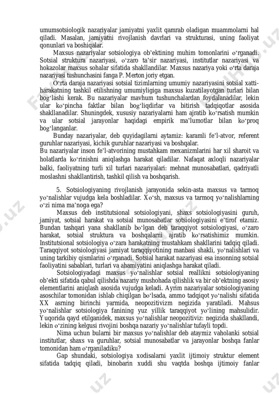 tiv komponent (jamiyat, qonun, byurokratiya) 2. mikroob’ektiv komponent (xulq-atvor namunalari va insonning o‘zaroharakatlari) 3. makrosub’ektiv komponent (madaniyat, me’yorlar va qadriyatlar) 4. mikrosub’ektiv komponentlar (idrok va e’tiqod) ushbu model madaniyatning sotsiologik tadqiqotlardagi o‘ziga xosligini ta’riflab berishga xizmat qiladi. 5 madaniyat sotsiologiyasi mutaxassislari qanday qilib kishilar o‘z hayotlarini madaniyatning turli elementlari ta’sirida tashkil qilishlarini izlashga harakat qiladilar. madaniyat sotsiologiyasida elijah anderson tomonidan olib borilgan ilmiy tadqiqotlar yorqin iz qoldirgan. bu sotsiolog o‘z kitoblarida ikki madaniy komponentga e’tibor qaratadi: madaniy va ijtimoiy-iqtisodiy, ular bir-biriga juda yaqin, lekin o‘rtalarida ma’lum bir chegara ham mavjud. 6 4. sotsiologik tadqiqot ham nazariy, ham empirik bo‘lishi mumkin. ularning chegaralanishi shartli ravishdadir, chunki har qanday fundamental sotsiologiya nazariydir, empirik tadqiqotlar esa nazariya bilan jipslashgan o‘zaro aloqalik bilan o‘tkaziladi. lekin xususiyatni ajratish va aniqlash zaruriyatdir. agarda har qanday fundamental sotsiologiya nazariy hisoblansa, har qanday nazariya fundamental sotsiologiya hisoblanmaydi. fundamental sotsiologiya dissiplinar muammolarga fanning poydevorining asosini o‘rganishga yo‘naltirilgan bo‘lib, o‘z …
