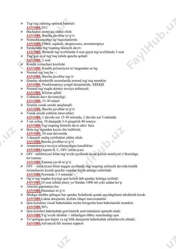qaysi tor mutaxassislar koʻrigi tavsiya etiladi: javobi:1-tashrifida va homiladorlikning 3-trimestrida terapevt va stomatolog, shuningdek 1-tashrifda vrach-oftalmolog maslahati · xromosoma yoki gen patologiyasi boʻlgan bolaning tugʻilishi uchun xavf omillari: javobi:hamma javoblar toʻgʻri · agar ayol va/yoki uning turmush oʻrtogʻi/xamrohi xromosoma yoki gen patologiyasi boʻlsa: javobi:hamma javoblar toʻgʻri · invaziv prenatal diagnostika qaysi muddatda amalga oshiriladi: javobi:xorion vorsin biopsiyasi homiladorlikning 10-14 haftasida, amniosentez homiladorlik >15 haftasida · varikoz kengayishiga shikoyat qilgan homiladorlarga tavsiya etiladi: javobi:toʻgʻri ish va dam olish rejimi, kompression trikotaj, jismoniy tarbiya mashgʻulotlari va kontrastli dushlar, flebolog maslahati · normal homiladorlikda vitaminlar va qoʻshimchalar: javobi:foliy kislotasini (1000 mg/sut) 12 haftagacha, yod preparatlari (200 mkg/sut), kaltsiy - xavf guruhiga, d vitamini (400 me/sut) per os · teratogen taʼsir etuvchi vitamin: javobi:a vitaminini >700 mkg/sut dozasida isteʼmol qilish · preeklampsiya xavfi yuqori boʻlgan homiladorlarga: javobi:asetilsalisil kislotasi 12-36 xaftalikda 150 mg/sut, kaltsiy preparatlari 1 g/sut per os · homiladorlikda emlash bo‘yicha tavsiyalar: javobi:hamma …