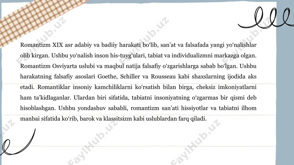 ix asrning boshidan o'rtalarigacha davom etdi. romantik yozuvchilar insoniyat, tabiat va jamiyat o'rtasidagi ziddiyatlarni tasvirlashga qiziqdilar. yozuvchilar, masalan, aleksandr pushkin va viktor gyugo, ushbu to'qnashuvlarni o'z asarlarida tadqiq qildilar. romantizm asarida ko'pincha individning ichki ziddiyatlari, his-tuyg'ular va idealizm bilan real hayotning to'qnashuvi ko'rsatiladi. bu davrdagi konfliktlar insonning erkinlikka bo'lgan intilishini va uni cheklovchi ijtimoiy normalarni tahlil qildi. natijada, romantizmda to'qnashuv va konfliktlar inson tabiatini va jamiyatni chuqurroq tushunishga imkon yaratdi. romantizm metodi tavsifi zulayho ne'matova e'tiboringiz uchun raxmat! image1.png image2.png image3.png /docprops/thumbnail.jpeg