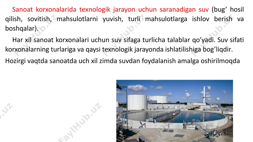 hiqish xavfliligi va uni ahamiyatliligiga qarab belgilanadi. yong’inni o’chirish uchun sarflanadigan suv mehyorlari kmk-2 04.02.97 da berilgan. sanoat korxonalari yong’inni o’chirish uchun suv sarfini sanoat korxonasining turiga va sanoat binolarining yong’inga bardoshlilik darajasiga ko’ra aniqlanadi. sanoat korxonalari binolarining eni 60 m gacha, fonarlari va fonarsiz bo’lganda quyidagi jadval qiymatidan foydalanish mumkin. binolarning yong’in ga bardosh lilik darajasi yong’in xavfsizli gi bo’yicha korxona turlari binolarning hajmi ming/m3 bo’lganda bir yong’inga sarflanadigan suv sarfi, l/k-k 3 gacha 3-5 5– 20 20- 50 50-200 200- 400 400 - 600 i va ii g, d, ye 10 10 10 10 15 20 25 i va ii a, b, v 10 10 12 20 30 35 40 iii g, d 10 10 15 25 35 iii v 10 15 20 30 40 iv va v g, d 10 15 20 30 iv va v b 15 20 25 40 suv turlari tabiatda biz turli xil …