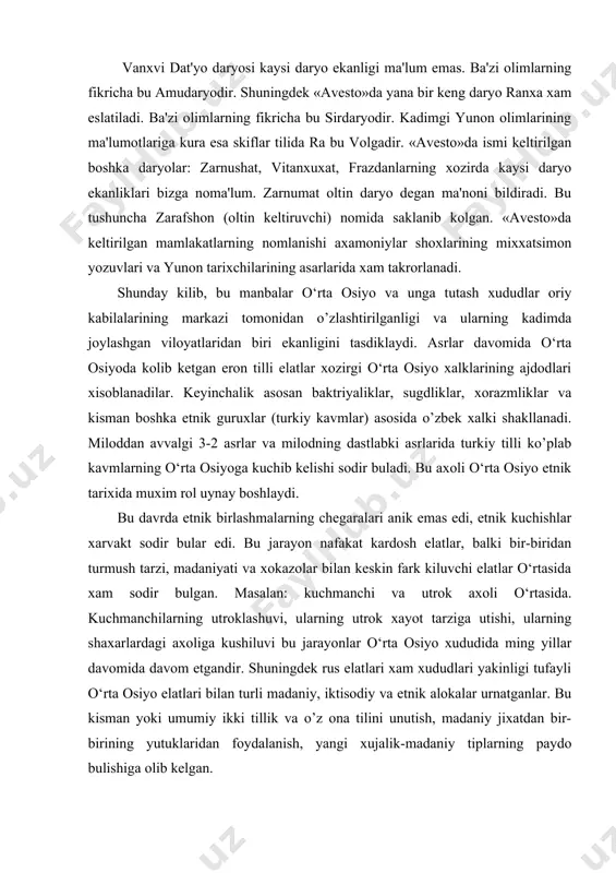 am sodir bulgan. masalan: kuchmanchi va utrok axoli o‘rtasida. kuchmanchilarning utroklashuvi, ularning utrok xayot tarziga utishi, ularning shaxarlardagi axoliga kushiluvi bu jarayonlar o‘rta osiyo xududida ming yillar davomida davom etgandir. shuningdek rus elatlari xam xududlari yakinligi tufayli o‘rta osiyo elatlari bilan turli madaniy, iktisodiy va etnik alokalar urnatganlar. bu kisman yoki umumiy ikki tillik va o’z ona tilini unutish, madaniy jixatdan bir-birining yutuklaridan foydalanish, yangi xujalik-madaniy tiplarning paydo bulishiga olib kelgan. o’zbekiston tarixida o’zbek xalkining kelib chikishini kaysi davrdan urganish tugrisida anik bir fikr mavjud emas. ba'zi olimlar o’zbek xalkining etnogenezini bu xalkga yozma manbalarda o’zbek deb nom berilgan davrdan boshlab urganish kerak deb xisoblaydilar. ikkinchi gurux olimlar esa o’zbek xalkining kelib chikishini yanada kadimrok davrlardan boshlash kerak deb xisoblaydilar. birinchi gurux tarafdorlari o’zbek xalqining kelib chiqishini sak-massagetlar, sugdliklar, xorazmiylar va xokazolar nomi keltirilgan bexistun mixxatsimon yozuvlaridan boshlab o’rganish kerak deb xisoblaydilar. bizning fikrimizcha, o’zbek xalkining tarixini yanada qadimiyrok davrlardan …