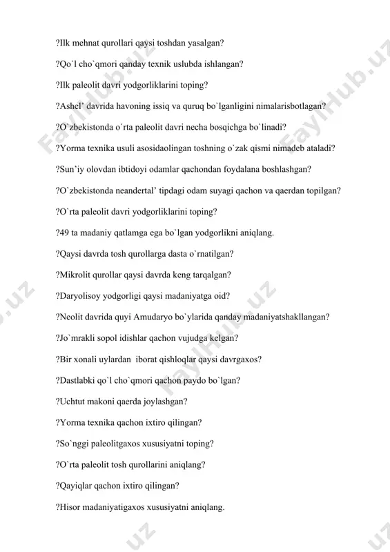 ayyorlangan matolar qaysi yodgorlikdantopilgan? ?tegesken mozor qo`rg`onlari kimlarga tegishli bo`lgan? ?”svarog” qaysi xalqning temirchi xudosi? ?shaxar maydoni qaerda bo`lgan? ?temirchilik ustaxonalari qaerlarda bo`lgan? ?buxoro xududidagi yodgorlikni toping ? ?qaysi madaniyatda mis qurollar topilgan? ?qaysi madaniyat kuchuktepa madaniyatiga o`xshash ? ?”kaltaminor”madaniyatini tadqiq qilgan olim? ?kushonlar davriga oid yodgorliklar o’zbekistonning qaysi hududida ko’proq o’rganilgan? ?koroplastika nima? ?qadimgi farg`antrop odamning suyaklari qaysi yodgorlikdan topilgan? ?arxeologik yodgorliklarda kop ushrashadigan moddiy boyliklar nima? ?ilk o`rta asrdagi xorazm poytaxti? ?raboti malik bu-… ?o‘rta osyoda mil.avv. iii minginchi yilllari qaysi davrbo’lgan? ?xorazmda qachondan boshlab ko’plab mis tangalar zarb qilingan? ?kushonlar davriga oid qaysi yodgorlikdan ko`plab zargarlik buyumlari topilgan? ?qaysi asrdan boshlab me’morchilikda sirli koshinlardan foydalanila boshlangan? ?qaysi asrdan kulolchilikda moviy rangdan keng foydalanila boshlangan? ?me’morchilikda geometrik ornamentdan foydalanish qaysi asrda o’zining yuqori cho’qqisiga chiqqan? ?qaysi yodgorlikdagi devoriy suratda (qizil zal) ov manzarasi aksetgan? ?farg’ona vodiysidagi budda ibodatxonasi topilgan shaharni ko’rsating. ?budda ibodatxonalari o’zbekistonning qaysi yodgorligida ochib o’ranilgan? …