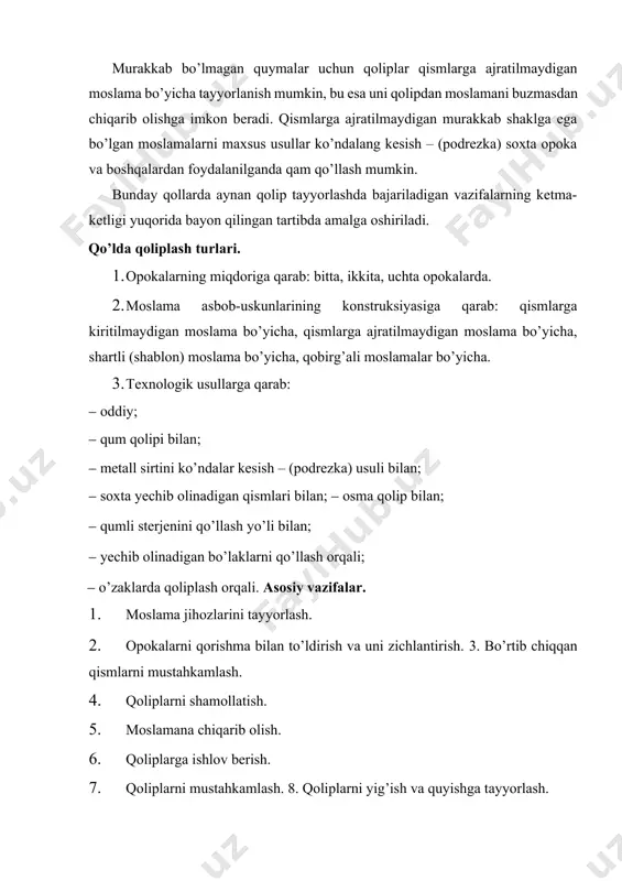ng kesish orqali qoliplash qismlarga ajratilmaydigan moslamalar bo’yicha qoliplar tayyorlashda yoki moslama taxtachasida joylashtirish uchun zarur yetiq yuzaga ega bo’lmagan murakkab shakldagi detal namunasiga bevosita muvofiq ravishda tayyorlashda qo’llanadi. opokalarning o’lchamlariga qarab qo’l va kran opokalari, shakliga qarab esa to’g’ri burchakli, to’rt burchakli va doirasimon opokalarda ajratiladi. opokalarni cho’yandan, po’latdan, alyumin qotishmalardan, ba’zida esa yo’g’ochdan tayyorlanadi. shtirlar – ikkita yoki bir nechta opokalarda tayyorlangan, qolip qismlarini aniq birlashtirish uchun zarur bo’lgan, yaxshilab ishlov berilgan metall sterjenlar. mashinada qoliplashda opokalarni birlashtirish va ularni qattiq mahkamlash uchun andoza taxtachasiga nazorat shtirlari o’rnatiladi. opoka osti taxtachalari – qoliplarni quyish joyiga tashishda o’rnatiladigan silliq metall yoki yog’och taxtachalar. 30-rasm. soxta opoka bilan qoliplash. 1-soxta opoka; 2-moslama. po’lat ilmoqlar – qolipning bo’rtib chiqqan yoki osilib qolgan qismlarini mahkamlashda qo’llanadi. yo’g’och qoziqchalar – xom qoliplash yoki yuzaki quritiladigan qoliplarni yoki yuzasi quritiladigan qoliplarni tayyorlashda qolipning bo’rtib chiqqan joylarini mustahkamlashda qo’llanadi. qovurg’a – sterjenlarni qoliplashda uchun ishlatiladigan …