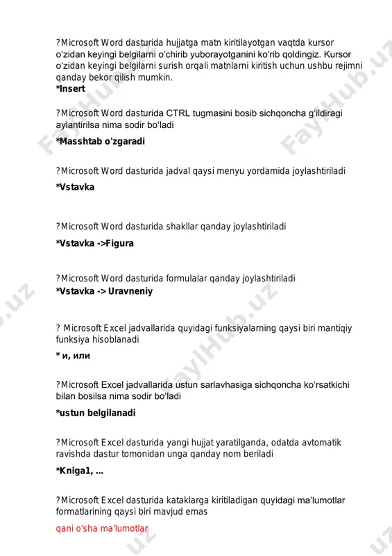 matnlarni belgilash uchun qo‘shimcha ravishda qaysi tugmadan foydalaniladi ?microsoft word dasturida sichqoncha yordamida so‘zni tezkor belgilash qanday amalga oshiriladi ?microsoft word dasturiga yuklangan joriy hujjatda “ctrl+end” tugmalar birikmasi bosilsa nima sodir bo‘ladi ?microsoft word dasturiga yuklangan joriy hujjatda “ctrl+home” tugmalar birikmasi bosilsa nima sodir bo‘ladi ?microsoft word dasturida yangi hujjat yaratilganda, odatda avtomatik ravishda dastur tomonidan unga qanday nom beriladi ravishda dastur tomonidan unga qanday nom beriladi ?microsoft word dasturida hujjatga matn kiritilayotgan vaqtda kursor o‘zidan keyingi belgilarni o‘chirib yuborayotganini ko‘rib qoldingiz. kursor o‘zidan keyingi belgilarni surish orqali matnlarni kiritish uchun ushbu rejimni qanday bekor qilish mumkin. *insert ?microsoft word dasturida ctrl tugmasini bosib sichqoncha g‘ildiragi aylantirilsa nima sodir bo‘ladi *masshtab o'zgaradi ?microsoft word dasturida jadval qaysi menyu yordamida joylashtiriladi *vstavka ?microsoft word dasturida shakllar qanday joylashtiriladi *vstavka ->figura ?microsoft word dasturida formulalar qanday joylashtiriladi *vstavka -> uravneniy ? microsoft excel jadvallarida quyidagi funksiyalarning qaysi biri mantiqiy funksiya hisoblanadi * …