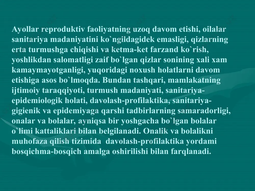 gik kasallar tashkil qiladi. o’rtacha xisobda xomilador ayol konsultatsiyaga 9-12 marta qatnaydi. tug’ishdan oldin 10-11 marta, tuqqandan so’ng 1-2 marta. sog’lom ayollar konsultatsiyaga xar yili 2 martadan qatnashi kerak. xomiladorlikni birinchi yarmida xomilador ayol akusher-ginekologka xar oyda 1 marta uchraydi, xomilani ikkinchi yarmida vrachga xar oyda 2 marta uchraydi, 32 xaftadan so’ng xar oyda 3-4 marta uchraydi vrachga. akusher-ginekologik shifokorlarning ishida almashinuv sistemasining mavjudligi ayni maqsadaga muofiqdir. bu sistemaga ko’ra xotin-qizlar konsultatsiyasining shifokori xar 1,5-2 yildan so’ng 3-4 oy kasalxonada ishlashi shart. konsultatsiya shifokorlari oyiga 2 marta tug’ruqxona kasalxonasida navbatchilik qilishadi. shuningdek ular klinik-anatomik va nazariy konferensiyalarda qatnashib o’z malakalarini oshiradilar. xomilador ayollarga davolash-profilaktika yordamini tashkil etish xomilador ayollar birinchi bor murojat qilganlarida ularga shaxsiy karta (sh iii/h) to`ldiriladi. ushbu kartada barcha tekshiruv ma`lumotlari qayd etilib boriladi. xomilador ayollarni dispanserizatsiya qilinishini bosh printsipiga ularga differentsiyalashgan holda tibbiy xizmat ko`rsatish kiradi. ambulator yordamda qabul “sirganchik” jadval bo’yicha amalga oshiriladi. uchastkadagi profilaktik …