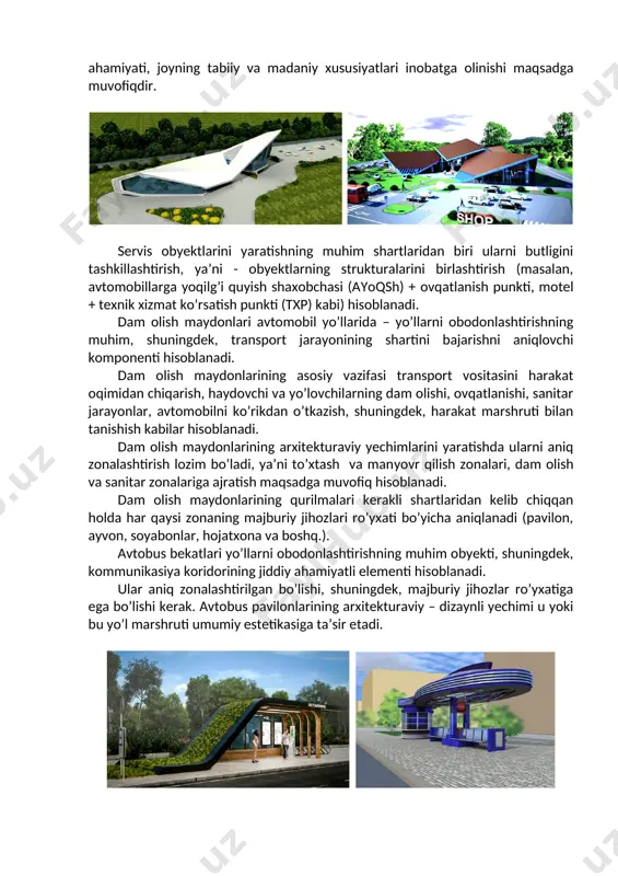 yaratilishi hisoblanadi. avtomobil yo’llariga inshoot sifatida qaraydigan bo’lsak, unda kommunikasiya fenomeni degan atama qo’llashimizga to’g’ri keladi. bu termin lotincha bo’lib, uzatish, aloqa bog’lanish kabi mazmunni ifodalaydi. transport jarayoni esa - bu avtomobil yo’llarida amalga oshiriladigan, avtomobil haydovchilari tomonidan bajariladigan mehnat jarayoni va yo’lovchilar uchun esa hayotiy jarayon hisoblanadi, shuningdek, harakatdagi tarkib(transport vositasi) ishidagi funksional jarayondir. shulardan kelib chiqqan holda bu jarayonlarni realizasiya qilish uchun kerakli eng maqbul sharoitlarni yaratish talabi yuzaga keladi. bunda yo’l servisi va obodonlashtirish muhim o’rin egallaydi. avtomobil yo’llarini qurish va ulardan foydalanish bizga ma’lumki atrof-muhitning ekologik muntazamligini buzilishida asosiy rol o’ynaydi. ya’ni tabiiy muhitning fazodagi o’rniga shikast yetadi. yo’l muhandislik inshooti sifatida fazoviy tabiiy muhitning ko’pgina joyini egallab, biz o’rgangan tabiiy landshaft chiroyini buzadi. tabiatning tabiiyligini asrashda sun’iy landshaftni tabiiy landshaft bilan uyg’unlashtirish, muvofiqlashtirish katta ahamiyat kasb etadi. bunga esa landshaft arxitekturasining uslublari yordamida erishish mumkin. bu maqsadlarni amalga oshirishnig muhim me’zoni – tabiiy va yangi …