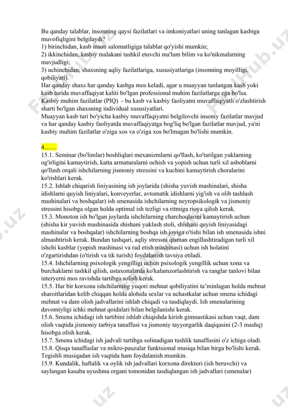 tan kasb talablari darajasiga nisbati. kasbiy ahamiyatga ega bo'lgan sifatning rivojlanish darajasi va unga qo'yiladigan kasb talablari qanchalik past bo'lsa, kasbiy yaroqlilik shunchalik yuqori bo'ladi. axir, kasbiy yaroqlilik kasbiy qaror qabul qilishda e'tiborga olinishi kerak bo'lgan eng muhim jihatlardan biridir. turli kasblar odamga turli xil talablar qo'yadi - ba'zilari uning tipologik va psixofiziologik xususiyatlariga, boshqalari aqliy jarayonlarga, boshqalari esa shaxsiyat xususiyatlariga. shunday qilib, har bir kasb inson shaxsiyatining turli tuzilmalariga "murojaat qiladi". bu qanday talablar, insonning qaysi fazilatlari va imkoniyatlari uning tanlagan kasbiga muvofiqligini belgilaydi? 1) birinchidan, kasb inson salomatligiga talablar qo'yishi mumkin; 2) ikkinchidan, kasbiy malakani tashkil etuvchi ma'lum bilim va ko'nikmalarning mavjudligi; 3) uchinchidan, shaxsning aqliy fazilatlariga, xususiyatlariga (insonning moyilligi, qobiliyati). har qanday shaxs har qanday kasbga mos keladi, agar u muayyan tanlangan kasb yoki kasb turida muvaffaqiyat kaliti bo'lgan professional muhim fazilatlarga ega bo'lsa. kasbiy muhim fazilatlar (piq) - bu kasb va kasbiy faoliyatni muvaffaqiyatli o'zlashtirish sharti …