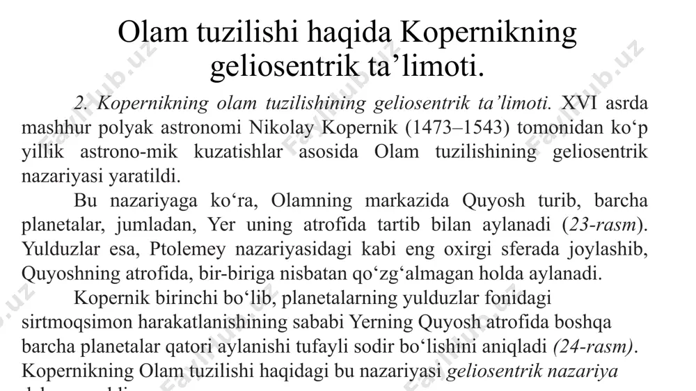 a quyosh bilan qo‘shilib, yerdagi kuzatuvchi uchun o‘zining ko‘rinmaydigan davrini o‘tayotgan bo‘ladi. 6-holatda esa quyoshga qarama-qarshi turganidan, quyosh botishi bilan planeta sharq tomonda gorizontdan ko‘tariladi va butun tun davomida uni kuzatish mumkin bo‘ladi. planetaning 7- va 8-holatlari, mos ravishda, uning sharqiy va g‘arbiy kvadratura holatlari deyiladi. planeta 7-holatda bo‘lganda, uni quyosh botgandan to yarim kechagacha, 8-holatda bo‘lganda esa uni yarim kechadan to erta tonggacha gorizont ustida ko‘rish mumkin bo‘ladi. elongatsiya va kvadratura. planetalarning quyosh atrofida aylanish davrlari barcha planetalar quyosh atrofida bir tomonga qarab, ya’ni g‘arbdan sharqqa tomon harakatlanib aylanadi. quyoshdan uzoqliklariga ko‘ra, ularning aylanish davrlari har xil bo‘lib, quyoshga yaqinlari kichik, uzoqdagilari esa katta davrlar bilan aylanadi. masalan, quyoshga eng yaqin merkuriy uning atrofida taxminan 88 kunda aylanib chiqqani holda, neptun quyosh atrofida salkam 165 yillik davr bilan aylanadi. ularning harakat tezliklari ham har xil bo‘lib, quyoshdan uzoq masofada aylanadigan planetalar yaqin masofadagilariga qaraganda ancha kichik tezlik bilan harakatlanadi. …