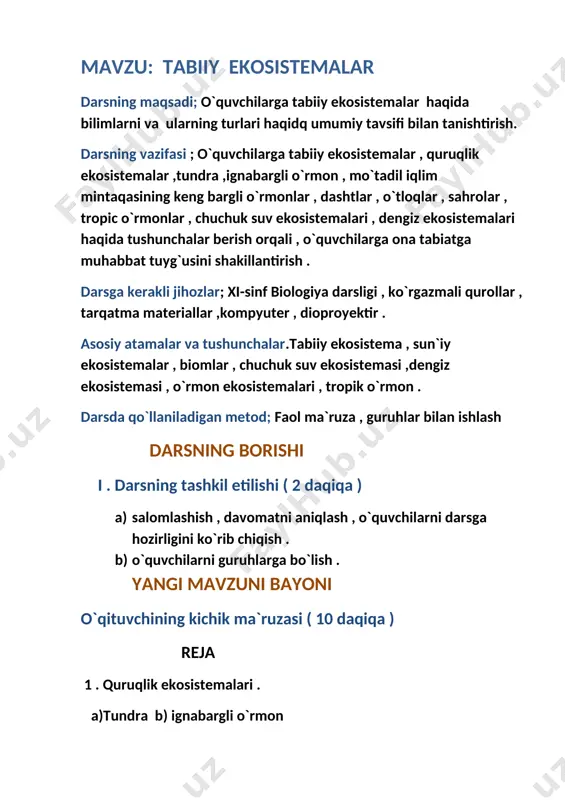 llari farqlanadi . 1. tabiiy ekosistemalar- bu turdagi ekosistemalarda biologik o`zgarishlar insonning bevosita ishtirokisiz boradi . 2. sun`iyn ekosistemalar , inson tomonidan yaratilgan va inson ko`magida faoliyat yurita oladigan ekosistemalar . tabiiy ekosistemalar 3 tipga bo`linadi . quruqlik ekosistemalarining – yer yuzida joylashuvini ikkita asosiy abiotik omil: harorat va yorug`lik miqdori belgilaydi . yer sharining turli qismlarida iqlim bir xil emas . quruqlikdagi ekosistemalar juda xilma-xildir . bir xil iqlim mintaqalarida joylashgan ekosistemalar yig`indisi biomlar deb nomlanadi . biomlarning quyidagi turlari farqlanadi : artika tundrasi va alp tundrasi ,shimoliy ignabargli o`rmonlar , mo`tadil iqlim o`rmonlari , dashtlar , sahrolar , tropik o`rmonlar . tundra shimoliy yarimsharlarda taygadan shimolroqda joylashgan. tundra (iqlim)juda ham sovuq , o`rtacha 00c dan ham pastroq . bir necha haftalik qisqa yoz davomida yerning muzdan erishi bir metrdan oshmaydi . tundrada daraxtlar uchramaydi , sekin o`suvchi lishayniklar , yo`sinlar (sporali o`simliklar ) , past bo`yli butalar hukumronlik …
