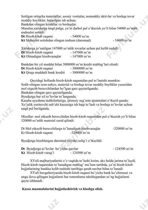 (masalan, ho’jalik sudi qarorlari asso-sida, byudjetga to’lovlar o’z vaqtida to’lanmagan bo’lsa va h.k.). shunday qilib, хyus bankdagi hisob-kitob raqamining to’la, ya’ni belgilangan maqsadga sarflanishi ustidan nazorat olib boradi. hisob-kitob raqamidagi muomalar hisobvarag’idagi muomalalar hisobini yuritish uchun ”hisob-kitob” raqamidan foydalaniladi. buxgalteriya hisob re-gistrlari, ya’ni jurnallarida yozuvlar hisob-kitob raqami bo’yicha bankdan olingan ko’chirmalar va ularga ilovalar asosida amalga oshiriladi. ko’chirmalarga ilovalar - bu hisob-kitob amalga oshirilganlishiga asos bo’lib xizmat qilgan dastlabki hujjatlar bo’lib, ular jumlasiga to’lov topshiriqnomalari, to’lov talab-nomalari hamda hisobvaraq-fakturalar, xo’jalik shartnomalari kiradi. hisob-kitob raqami muomalalarini hisobga olish, umumlashtirish va moliyaviy hiso-botlarga kiritish maqsadida ana shu hisobvaraq bo’yicha maxsus jurnal yuritiladi. hisob-kitob raqamiga korxona faoliyati bilan bog’liq muomalalar yuzasidan quyidagi hollarda mablag’ kelib tushadi: sotilgan mahsulot uchun; sotilgan ortiqcha materiallar, asosiy vositalar, nomoddiy aktivlar va boshqa tovar moddiy boyliklar, bajarilgan ish uchun; bankdan olingan kreditlar va boshqalar. masalan,xaridorga naqd pulga, ya’ni darhol pul o’tkazish yo’li bilan 54000 so’mlik mahsulot sotildi: dt …