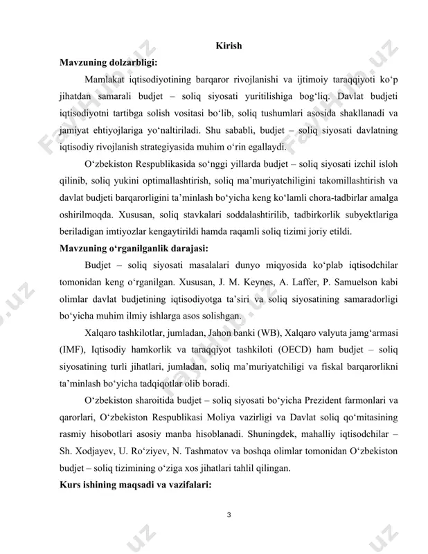 soliq siyosatining o‘ziga xos xususiyatlari ko‘rib chiqiladi, uchinchi qismda esa budjet – soliq siyosatini takomillashtirish bo‘yicha tavsiyalar beriladi. mazkur tadqiqot natijalari o‘zbekiston iqtisodiyotini yanada rivojlantirish va samarali moliyaviy boshqaruvni ta’minlashga xizmat qilishi mumkin. kurs ishining ob’ekti – o‘zbekiston respublikasida olib borilayotgan budjet – soliq siyosati, uning shakllanishi, rivojlanishi va amaliyotdagi natijalari. kurs ishining predmeti – o‘zbekistonda budjet – soliq siyosatini yuritish jarayonlari, uning iqtisodiyotga ta’siri, soliq tizimining o‘ziga xos xususiyatlari hamda budjet daromadlari va xarajatlarining tarkibi. ushbu kurs ishida aynan o‘zbekiston budjet – soliq siyosati shakllanishining xususiyatlari, uning samaradorligi va istiqbollari o‘rganiladi. i bob. budjet – soliq siyosatining nazariy va huquqiy asoslari 1.1 budjet – soliq siyosatining nazariy asoslari siyosat – juda nozik va murakkab masala. uning oddiy ko‘z ilg‘amaydigan yoki aql bovar qilmaydigan tomonlari juda ko‘p. siyosatda “kosa tagida – nimkosa”, “qizim senga aytaman, kelinim sen eshit” kabi holatlar ko‘plab uchraydi. shuning uchun uni to‘g‘ri tushunishga hamma ham har …