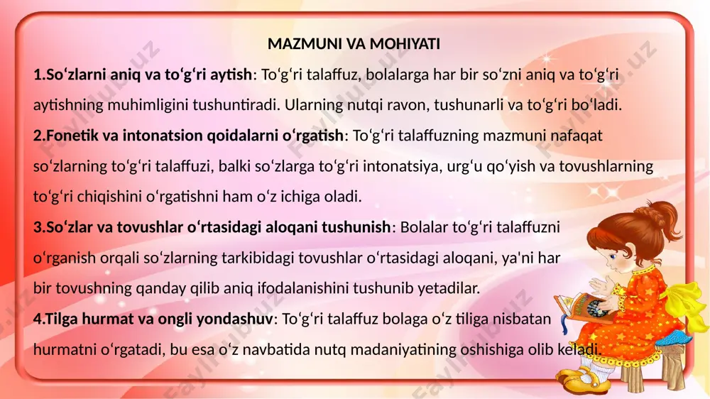 oli yoritiladi. artikulyatsion organlarning turlari artikulyatsion organlar ikki guruhga bo‘linadi: faol organlar: til, lablar, yumshoq tanglay, pastki jag‘. passiv organlar: qattiq tanglay, tishlar, yuqori jag‘. faol artikulyatsion organlar til: tovushlarni hosil qilishda eng asosiy organ hisoblanadi. tilning old, o‘rta va orqa qismi, shuningdek, uchi turli pozitsiyalarda harakat qilib, turli fonemalarni hosil qiladi. masalan, [s] tovushi tilning uchi bilan qattiq tanglay yaqinligida hosil bo‘ladi. lablar: lablarning bir-biriga yaqinlashishi yoki uzoqlashishi orqali undosh va unli tovushlar paydo bo‘ladi. masalan, [o] tovushi lablarning yumaloqlanishi natijasida hosil bo‘ladi. yumshoq tanglay: ovozni burundan yoki og‘izdan chiqishini boshqaradi. masalan, [m] va [n] tovushlari burun orqali hosil bo‘ladi. pastki jag‘: og‘izni ochib-yopish, tovushlarni talaffuz qilishni ta’minlaydi. passiv artikulyatsion organlar qattiq tanglay: tilning yuqori qismi bilan birgalikda tovushlarning shakllanishiga yordam beradi. masalan, [ʃ] tovushi tilning qattiq tanglayga yaqinlashishi bilan hosil bo‘ladi. tishlar: tishlar til yoki lab bilan birgalikda turli tovushlarni shakllantiradi. masalan, [f] tovushi lab va tishning yaqinlashishi …