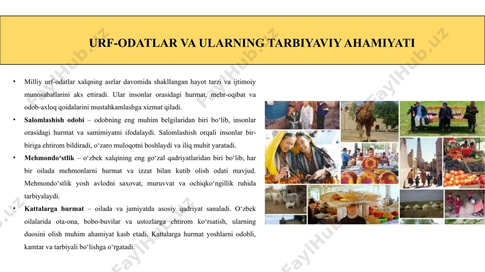 ya bolalar o‘yin orqali tez va oson tarbiyalanadi. o‘yinlar ularga milliy qadriyatlar, urf-odatlar va an’analarni o‘rgatishning samarali usulidir. xalq o‘yinlari o‘quvchilarning jismoniy va ma’naviy rivojlanishiga xizmat qiladi. arqon tortish – jamoaviy birlik, birdamlik va kuch sinashish o‘yinidir. chigʻir-chaqir – bolalarni topqirlikka, chaqqonlikka o‘rgatuvchi o‘yin. boychechak – bahor bayramlarida o‘ynaladigan, bolalarni shodlik va hamjihatlikka o‘rgatuvchi o‘yin. o‘yinlar orqali hamkorlik va hurmatni o‘rgatish mumkin. bolalar o‘zaro muloqotda bo‘lishni, bir-birini hurmat qilishni va jamoaviy ishlashni o‘rganadilar. har bir o‘yinda g‘oliblik emas, balki ishtirok etish muhim ekani tushuntiriladi. mashg‘ulotlar orqali qadriyatlarni singdirish muhim ahamiyatga ega. o‘yinlar orqali ota-onaga hurmat, mehmondo‘stlik, halollik, do‘stlik kabi qadriyatlar bolalarga singdiriladi. shu orqali o‘quvchilar milliy urf-odatlar va an’analarni amaliy o‘rganadilar. oilada tarbiya va milliy qadriyatlar oila – bolalar tarbiyasining asosiy muhitidir. farzandlar milliy qadriyatlarni birinchi bo‘lib o‘z oilasida o‘rganadi va amalda qo‘llaydi. oila muhitida shakllangan axloqiy tushunchalar, odatlar va an’analar bolalarning kelajakdagi shaxsiyati va dunyoqarashiga katta ta’sir ko‘rsatadi. oilaviy …